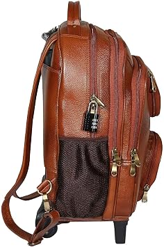Da leather villa Full Grain Leather Backpack Travel Trolley Bag 18 Inch Cabin Size Leather Trolley Heavy Duty Backpack Bag (Tan)