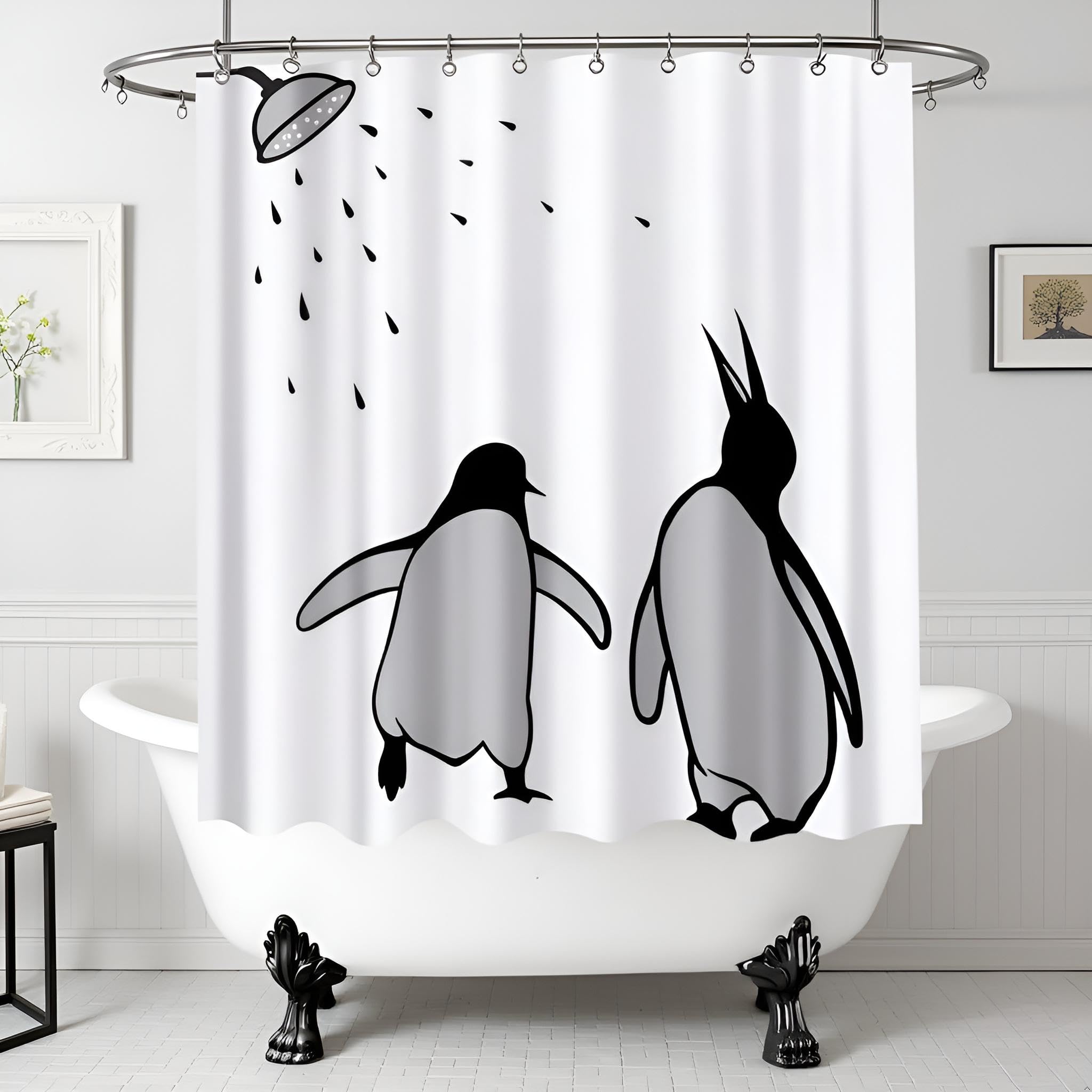 FuShvre Black and White Animal Shower Curtain Abstract Silhouette Penguin Polar Birds Bath Curtain Funny Kids Bathroom Decor Hooks Included 72"×72"