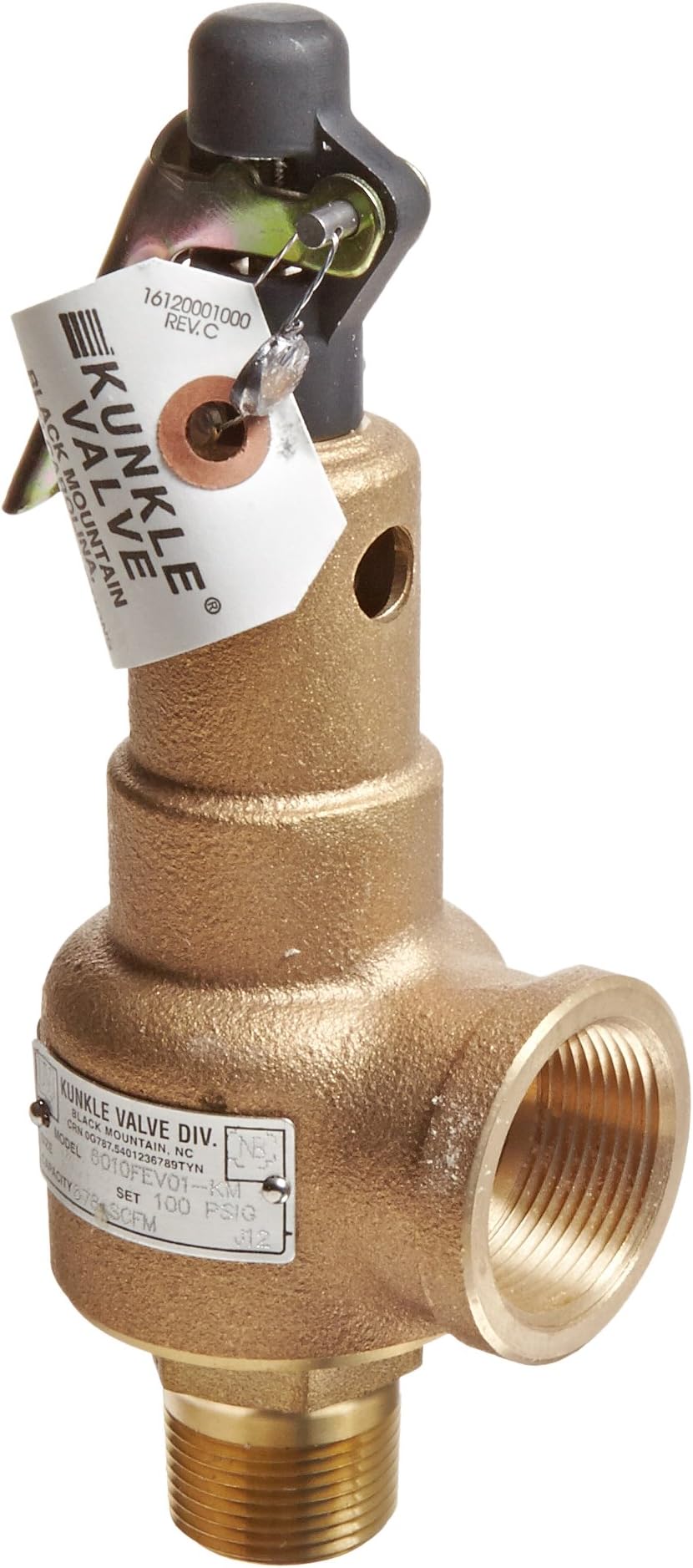 Kunkle 6010FEV01-KM0100 Bronze ASME Safety Relief Valve for Air/Gas, Viton Soft Seat, 100 Preset Pressure, 1" NPT Male Inlet x 1-1/4" NPT Female Outlet