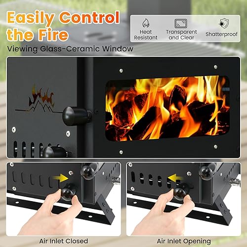 Miniatura 6 de Giantex Estufa de leña portátil, estufa de tienda caliente con 3 posiciones de cocción, manija de puerta antiquemaduras, ventana de vidrio y 2