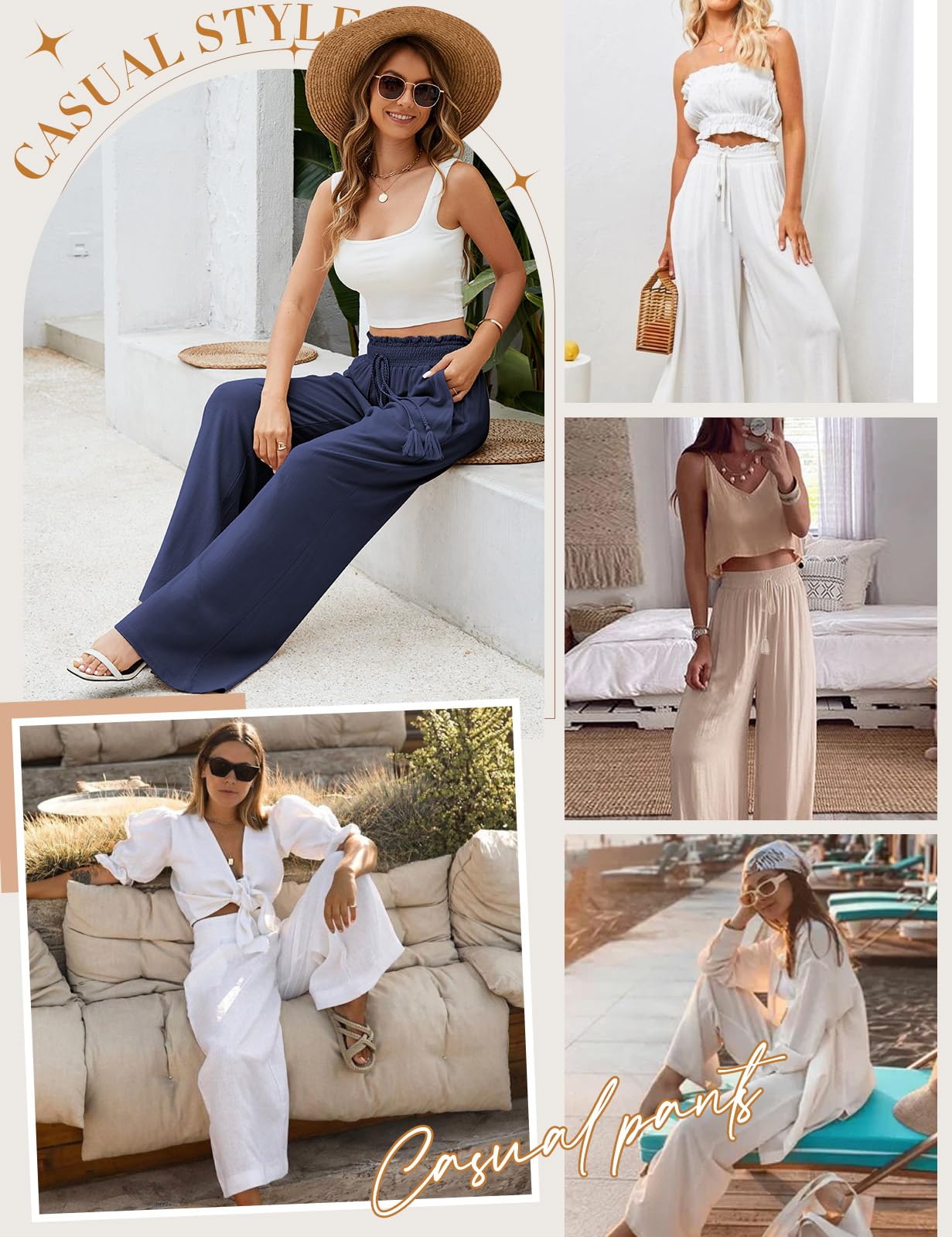 UMIPUBO Pantalon Lin Femme Été Coton Chanvre Décontractés Large Pantalons Fluide Elegant Chic Taille Haute Élastique Pantalon Léger Jogging Pants de Plage avec Poches