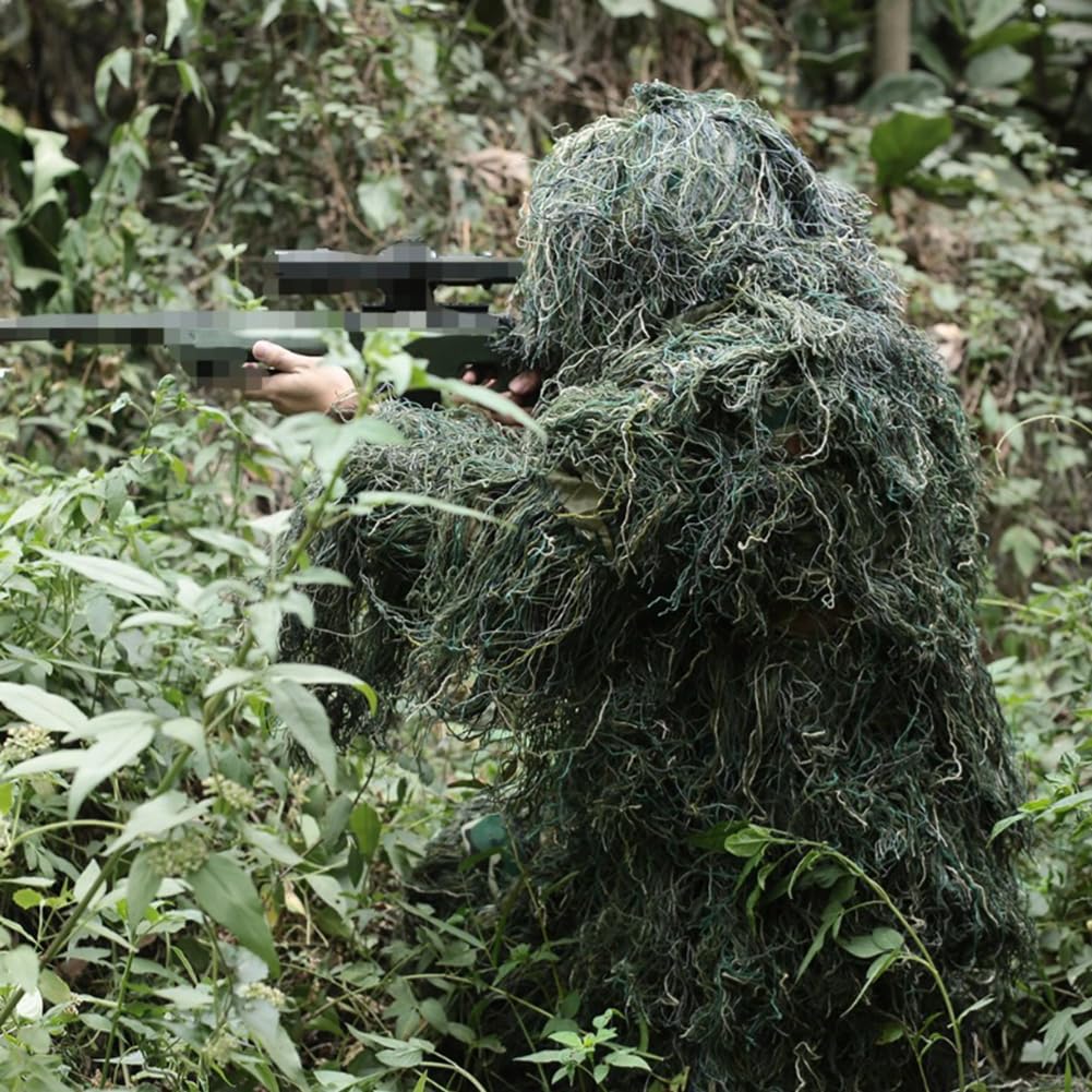 3D Ghillie Tarnanzug Camouflage Anzug 4-teilige Set mit Tasche Jagdbekleidung Woodland Tarnkleidung Scharfschützenanzug für Jagd Verdeckt Fotografie Halloween Hoax