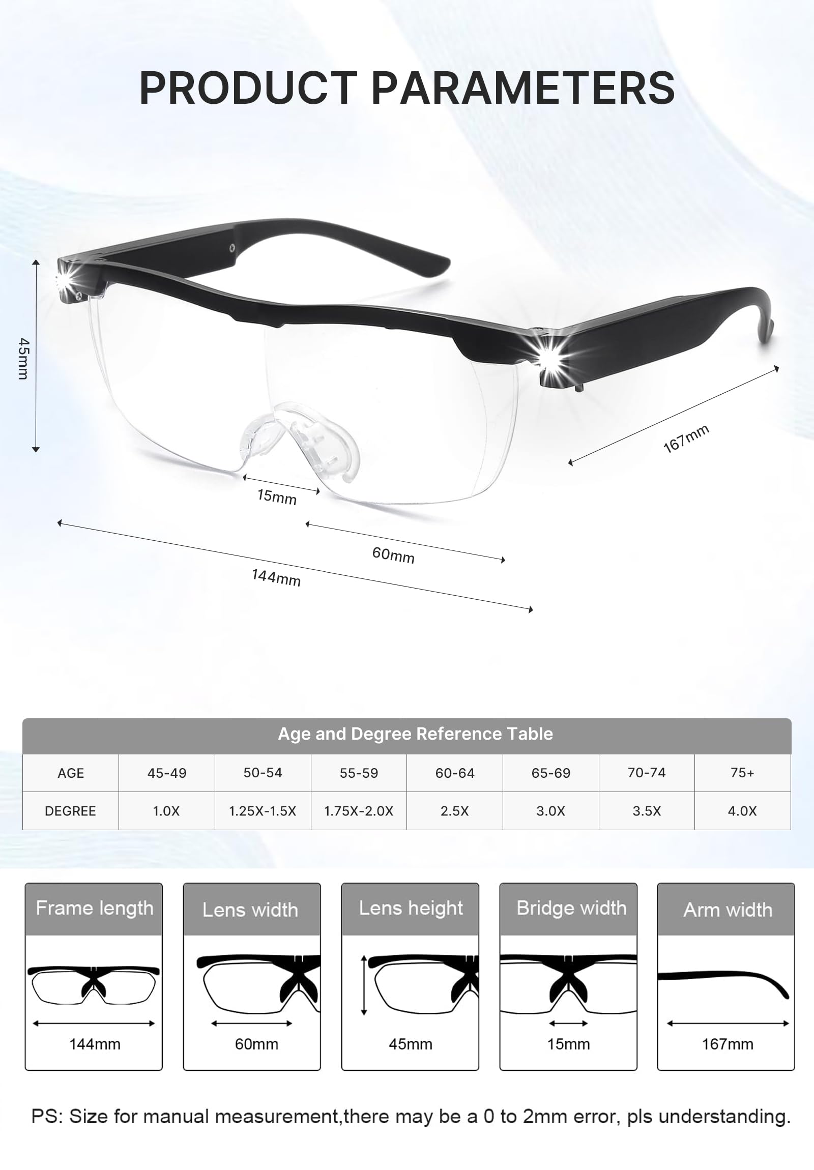 Loupes grossissantes 200 % avec lumière et lumière – Rechargeables – Lunettes de vue mains libres pour travail de rapprochement, artisanat, bijoutiers, lecture, loisirs (noir, 1,6X)