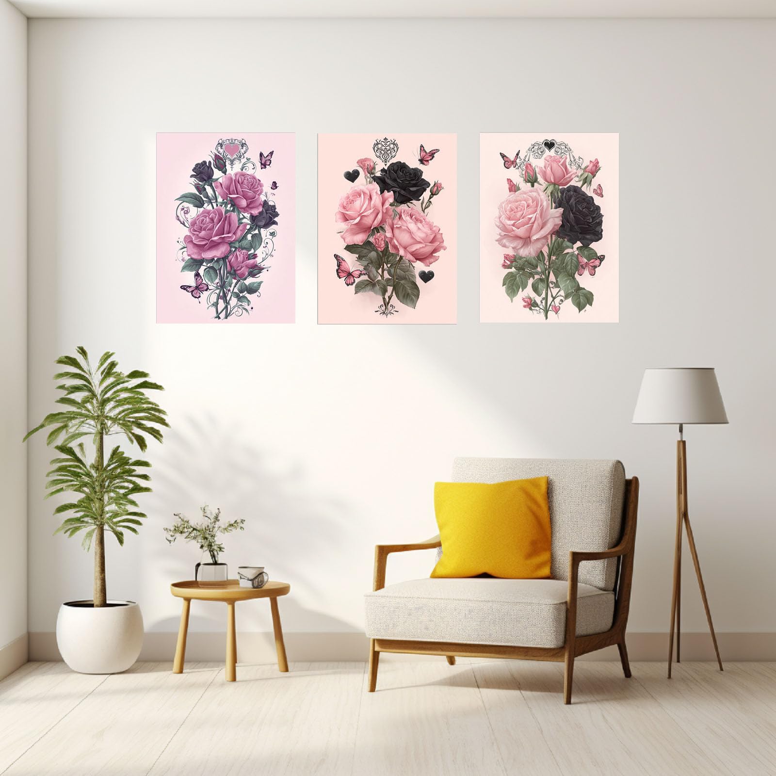 3 szt. współczesny abstrakcyjny obraz na płótnie plakat kwiatowy do salonu sypialni przedpokoju kuchni biura wydruki duży (różowy 34) - 60 x 80 cm x 3 oprawione