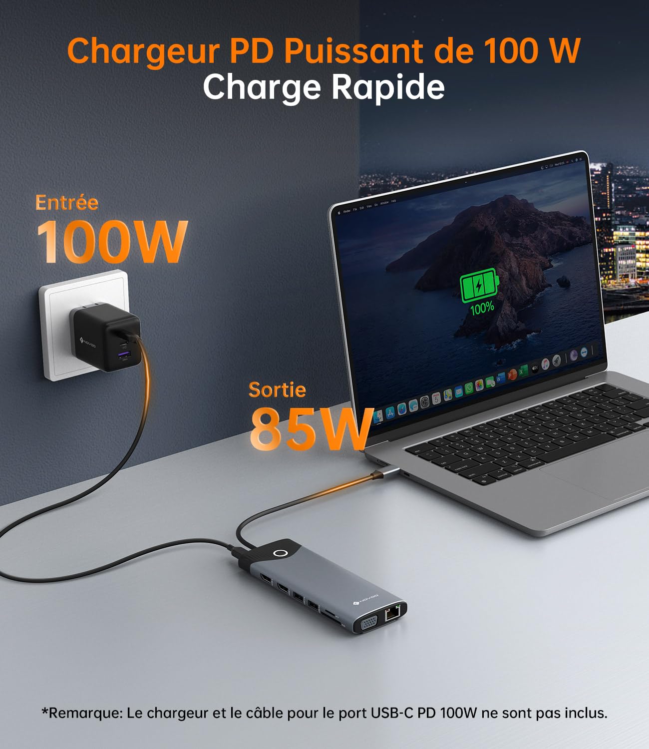 NOVOO Potrójny wyświetlacz stacji dokującej 15 w 1, stacja dokująca USB-C, przycisk włączania/wyłączania, HDMI 4K@60 Hz, USB-C/A 10 Gbps, VGA, 100 PD, SD/TF Multiport Dock dla MacBook Pro Air iPad