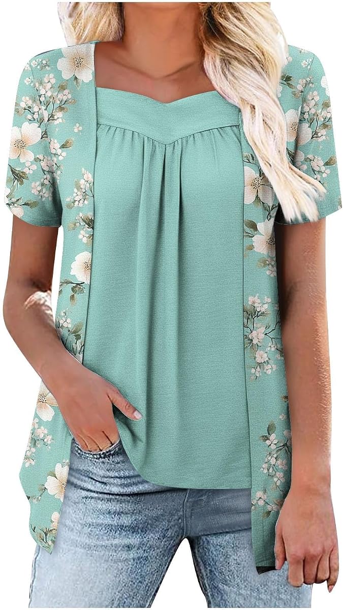 Pleated Layered Tops for Women Summer 2025 Trendy Loose Plus Size Fake Two Piece Blouse Hide Belly Tunic Shirts