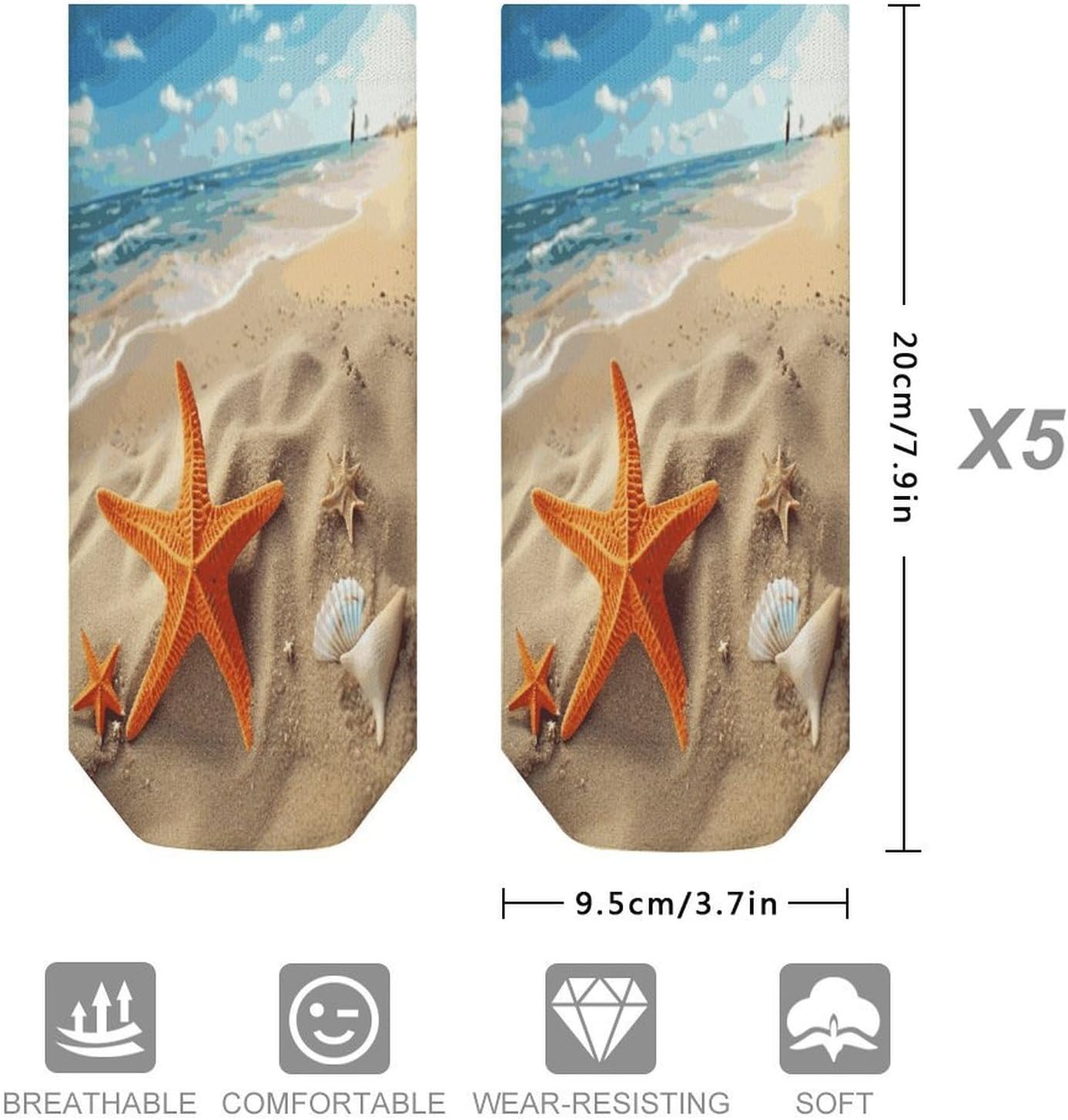 Sea Beach Starfish Ankle Socks for Men Women 5 Pairs | Comfortable Casual Low Cut Socks, Lightweight No Show Breathable Athletic Socks, Soft Mini Crew Socks for All Seasons