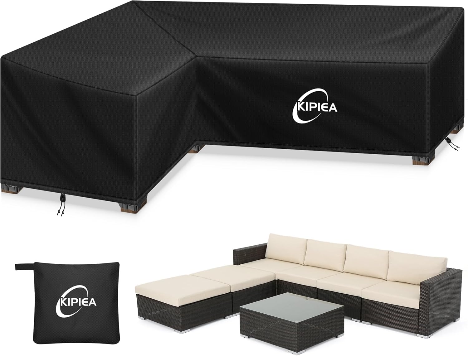 Kipiea Patio V-Shaped Sectional Sofa Cover, 420D Heavy-Duty Oxford Fabric Outdoor Sectional Cover with 6 Windproof Buckles, Anti UV and No Tears, No Fading (70"/70" L x 33.5" D x 31" H) Black
