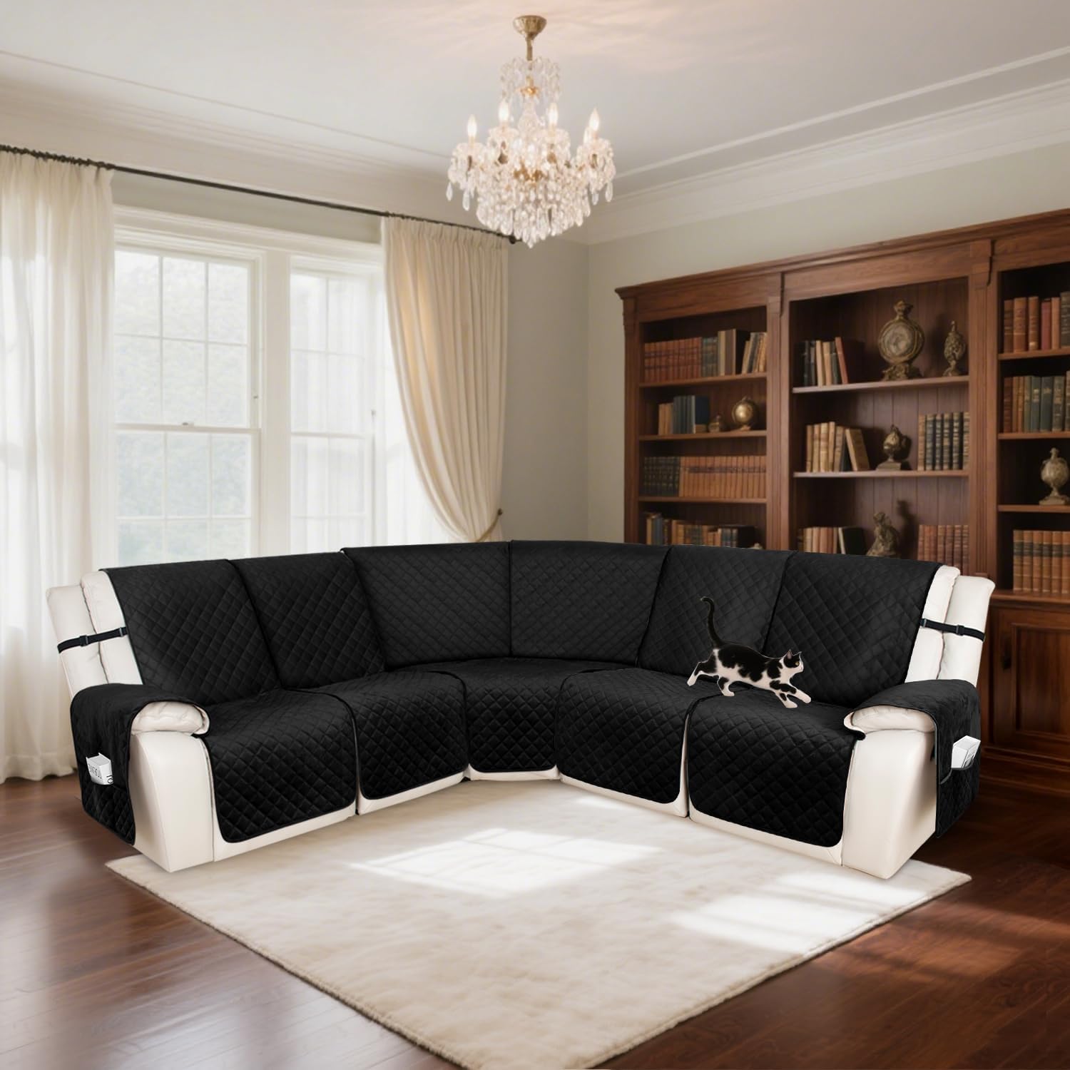 HDCAXKJ 100% Waterproof Velvet Recliner Sectional Couch Covers L Shaped Corner Reclining Sofa Cover Washable Thick Non Slip Sectional Slipcover with Pockets (5 Seat Recliner Couch, Black)