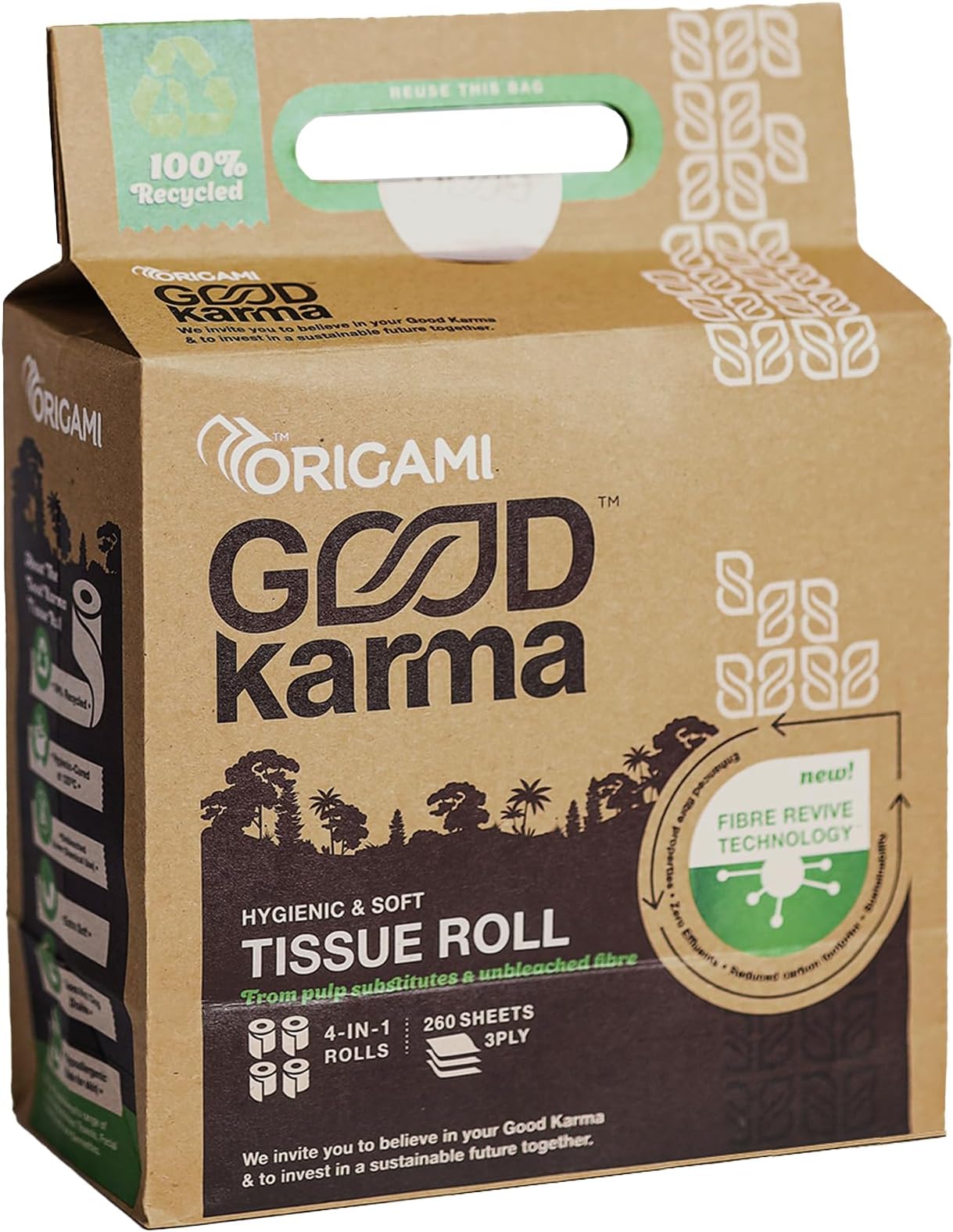 Origami Good Karma 3 Ply 4 in 1 Unbleached Eco Friendly Toilet Tissue Paper | Ultra Absorbent with No Clog & Easy Flush Feature | Gentle on Skin (260 Pulls Total 1040 Sheets)