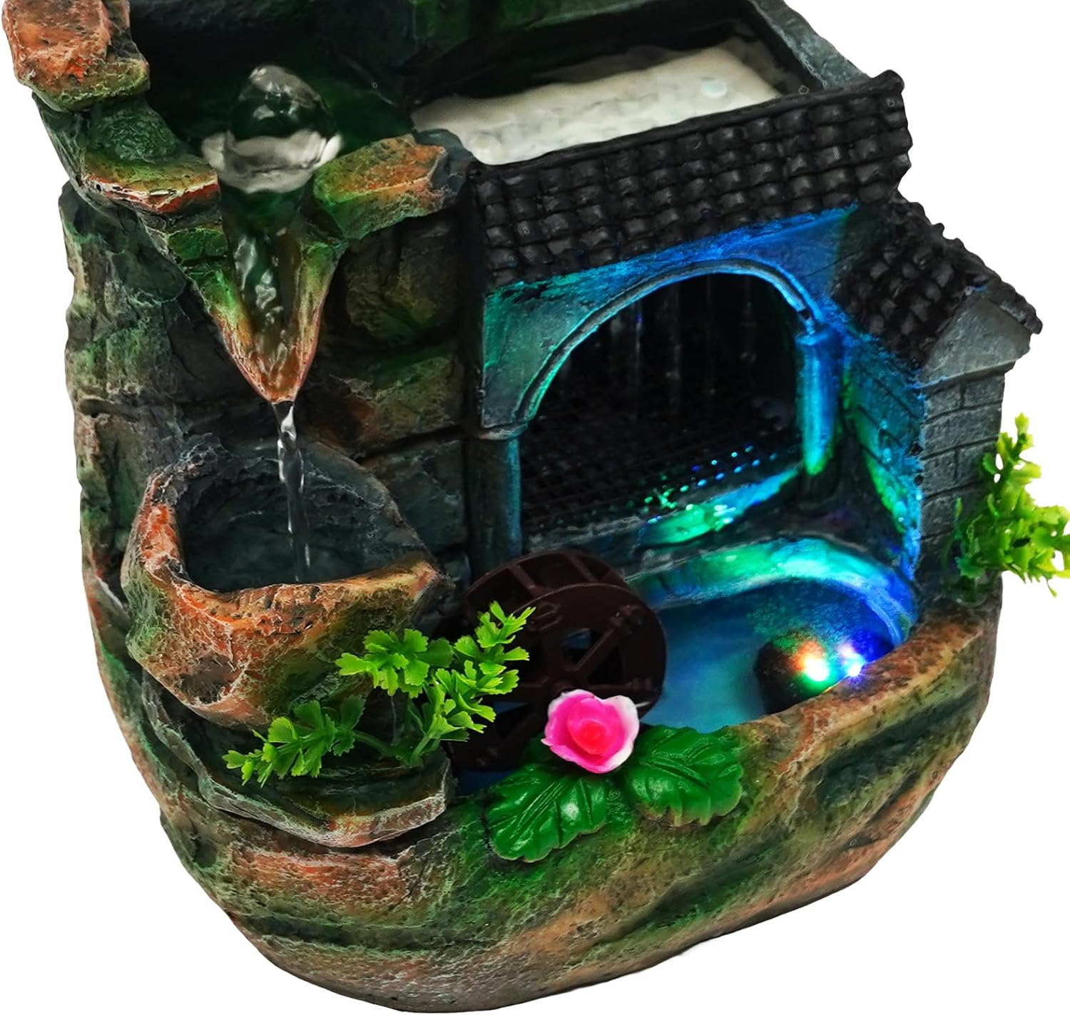 Desktop Waterfall Fountain, LED Small Rockery Flowing Water Tabletop Decoration Waterfall Lamp Lights Indoor Hand-Carved Resin Rockery Ornament Desk Decor with Pump for Home Office Bedroom
