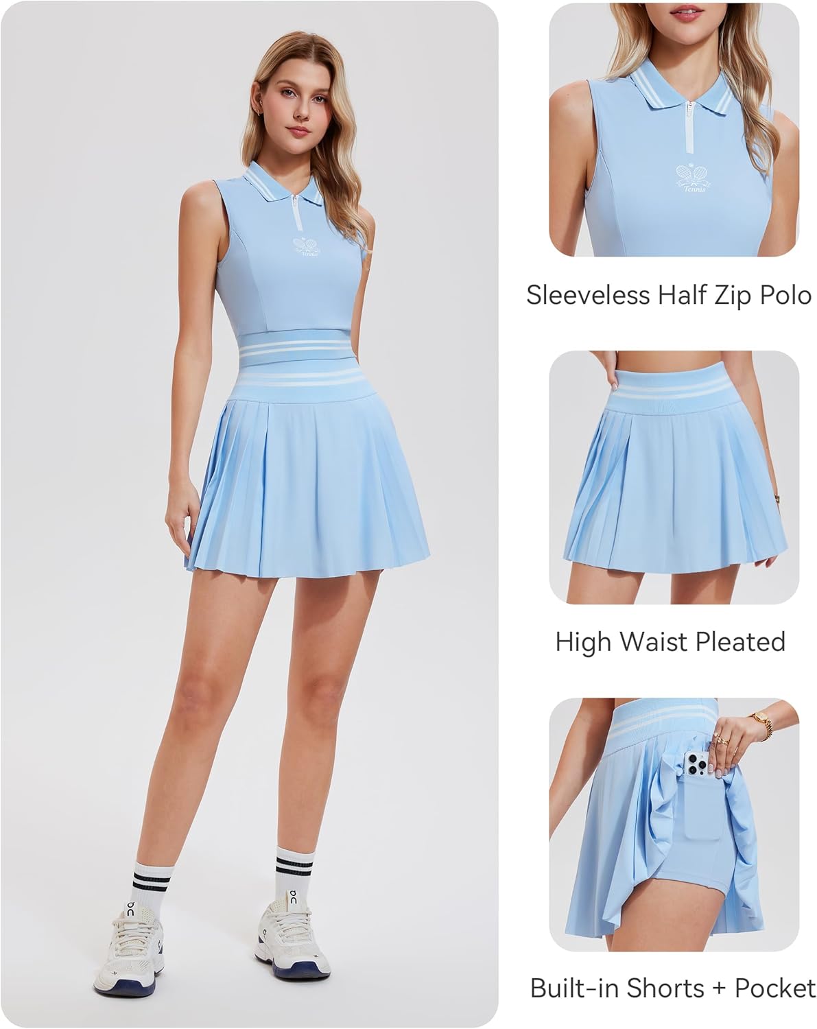Mudere Womens 2 Piece Tennis Skirt Set Sleeveless Half Zip Polo Top High Waisted Pleated Skort with Shorts Golf Outfits