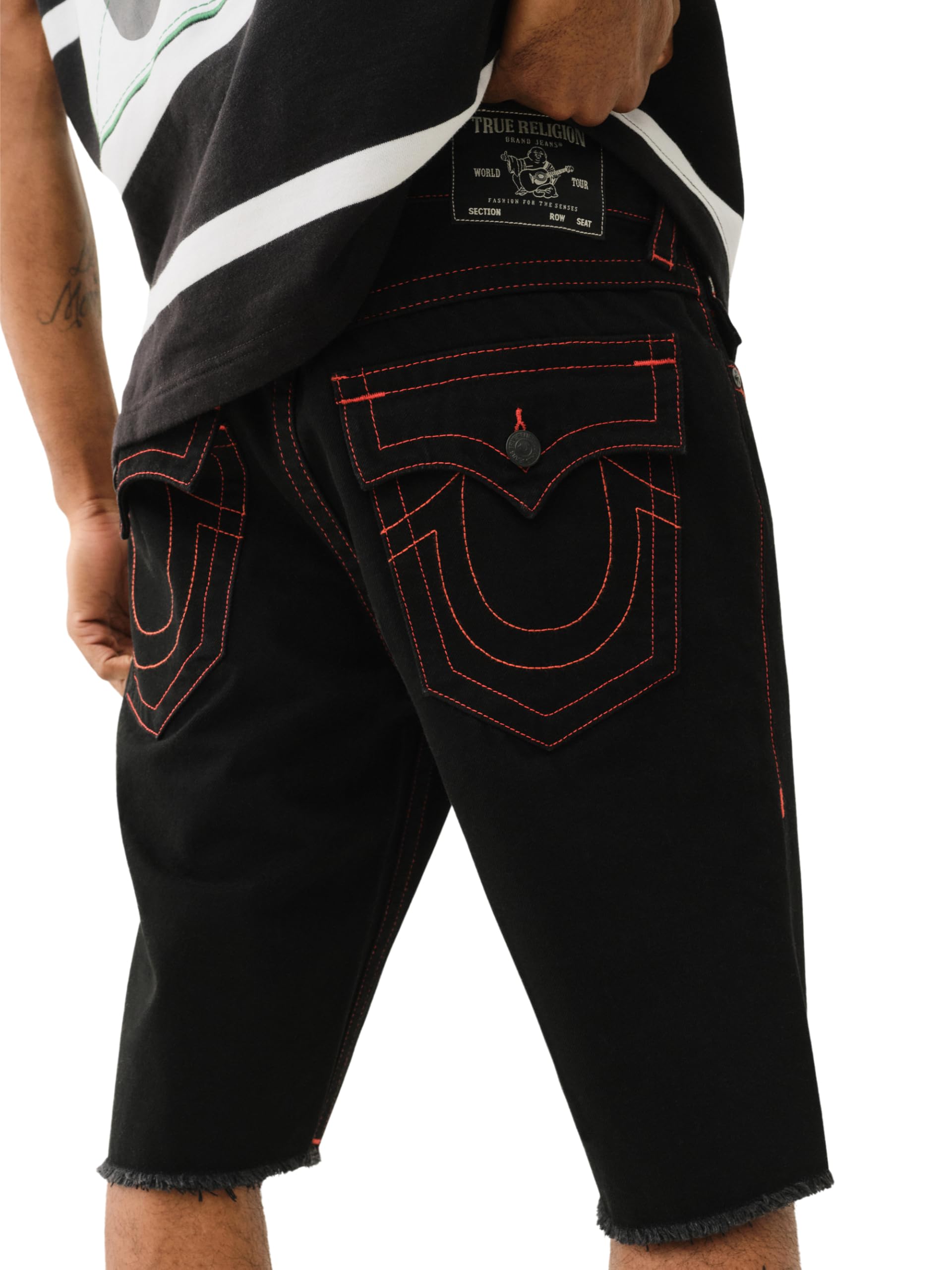 True Religion Men's Ricky SN Flap Short Fray Hem | Denim Shorts with Flap Pockets and Distressed Hem, Black Rinse, 34 Short
