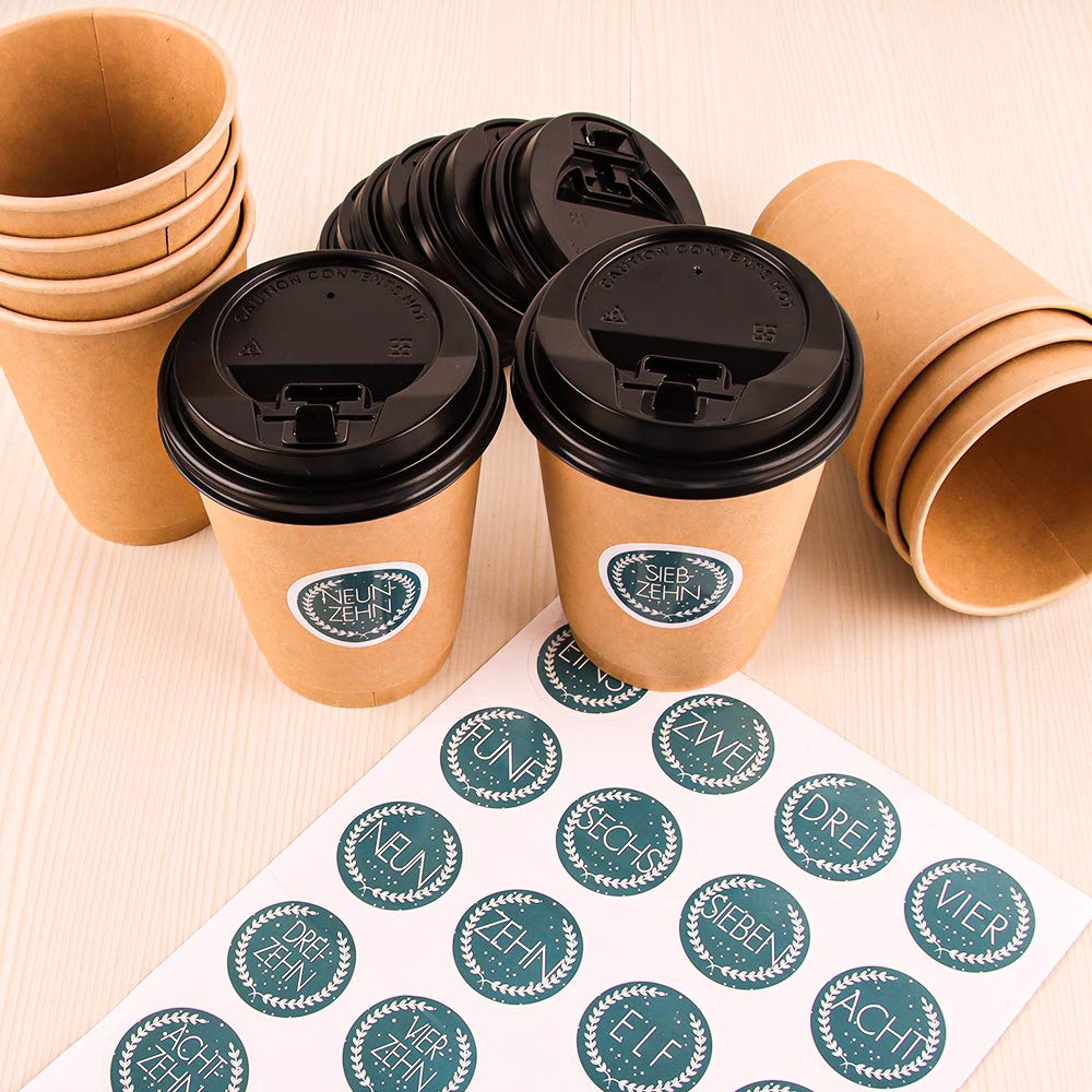 Calendario Dell'Avvento Bicchieri da Caffè, 24 Bicchierini Caffe, Bicchieri Caffe Asporto con Coperchio 400ml, 24 Adesivi Numerati, Usati per la Decorazione e Calendario Dell'Avvento Fai-da-Te (Ciano)
