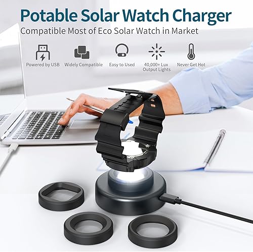 Miniatura 6 de Cargador de reloj solar, temporizador de apagado de 8H con hombres, mujeres y 3 tapas cuadradas, luz UV LED, carga rápida, relojes Eco Drive