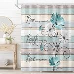 Teal and White Daisy Shower Curtains,Watercolor Floral Waterproof Fabric Botanical Farmhouse Bathroom Boho Shower Curtain with 12 Hooks, 72 x 72 Inch,Blue Butterfly Farmhouse Shower Curtain,