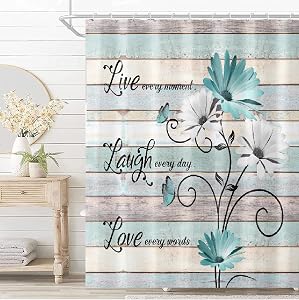 Teal and White Daisy Shower Curtains,Watercolor Floral Waterproof Fabric Botanical Farmhouse Bathroom Boho Shower Curtain with 12 Hooks, 72 x 72 Inch,Blue Butterfly Farmhouse Shower Curtain,