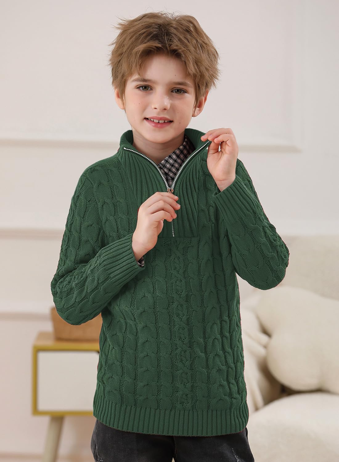 Boys Winter Warm Cable Knit Sweaters Cute Turtle Neck Casual Quarter Zip Pullover 3-14 Years - Image 2