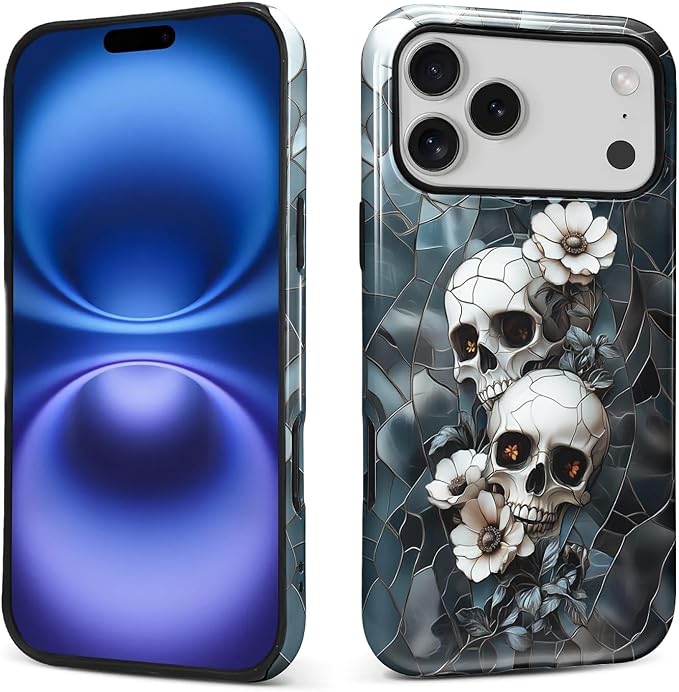 ZHEGAILIAN Case for iPhone 18 Pro Max 17 Pro Max,Shockproof Hard Shell Soft Silicone 2 in 1 Hybrid Shockproof Bumper Drop Protective Skull Wild Flowers Dark