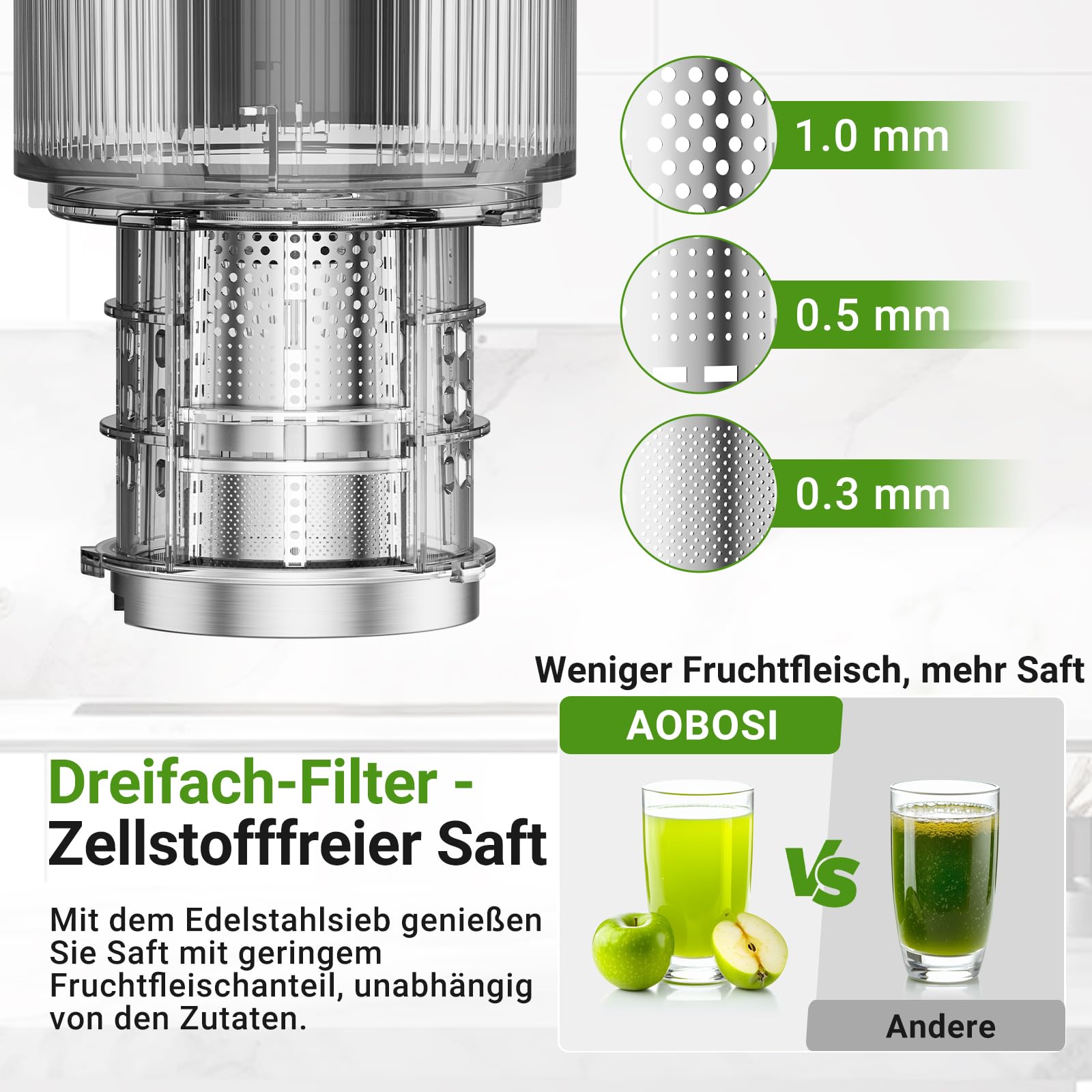AOBOSI Slow Juicer mit 126 mm XXL-Einfüllöffnung – 1,5 L, 200 W leiser Entsafter mit Rückwärtslauf, Dreifachfilter & Press-Schnecke – Entsafter Gemüse und Obst Testsieger,Schwarz