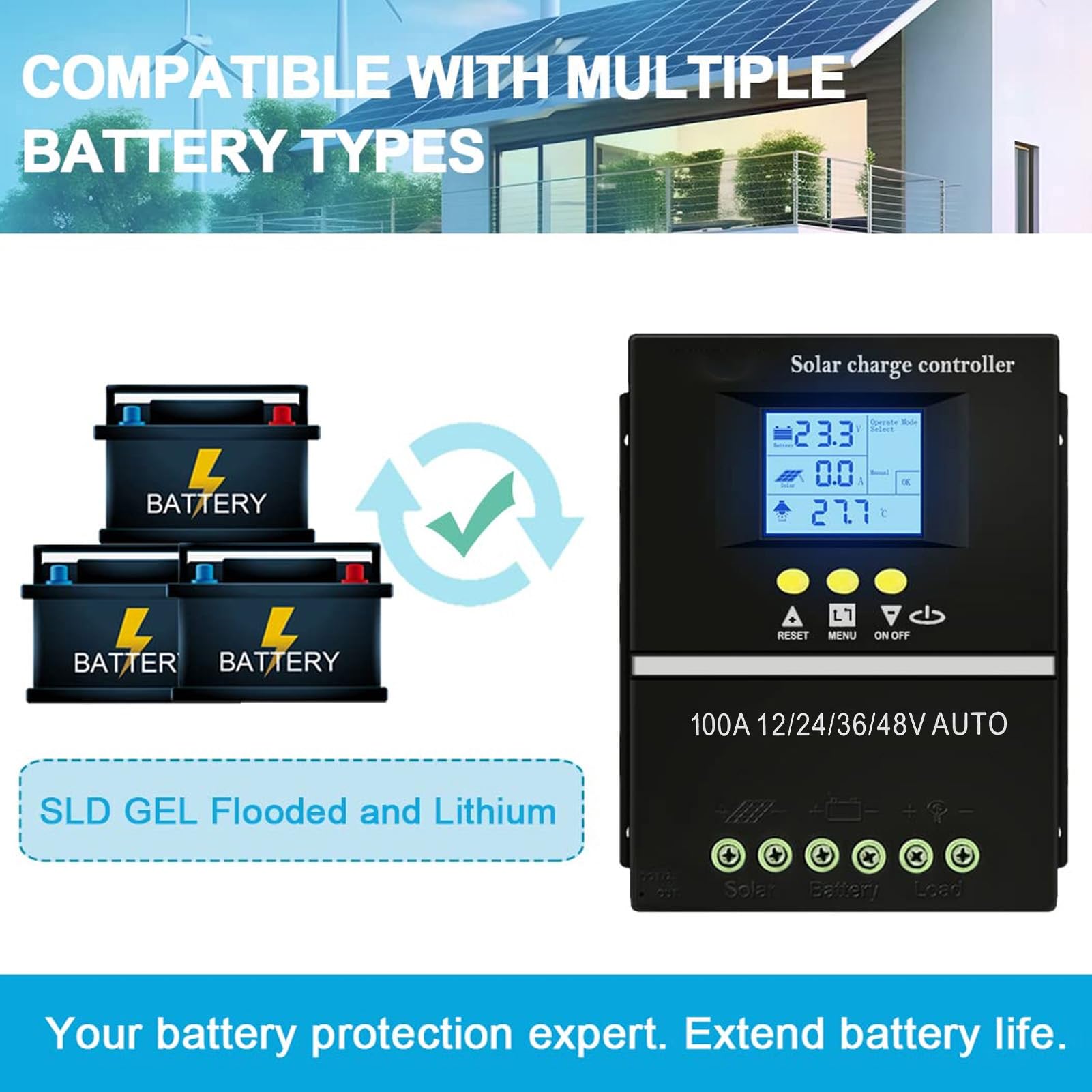 Generic Regulador de Panel Solar Controlador de Protección de Voltaje Integral 100A 12V 24V 36V 48V Doble USB para Mayor Longevidad y Confiabilidad