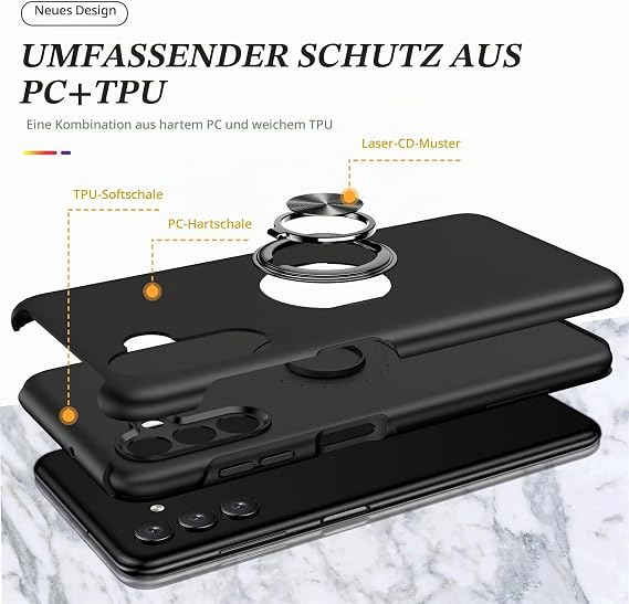 Case for Samsung Galaxy A15 4G/5G (6.5 inches) and 2 Pieces Tempered Glass Screen Protector Mobile Phone Case with Ring Holder Shockproof Scratch-Resistant Durable Protective Case Black
