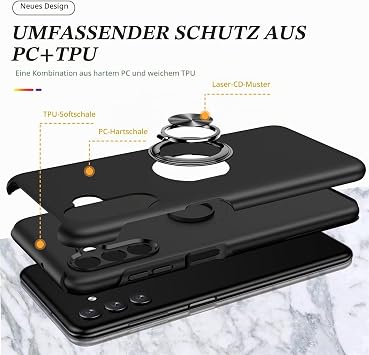 Case for Samsung Galaxy A15 4G/5G (6.5 inches) and 2 Pieces Tempered Glass Screen Protector Mobile Phone Case with Ring Holder Shockproof Scratch-Resistant Durable Protective Case Black