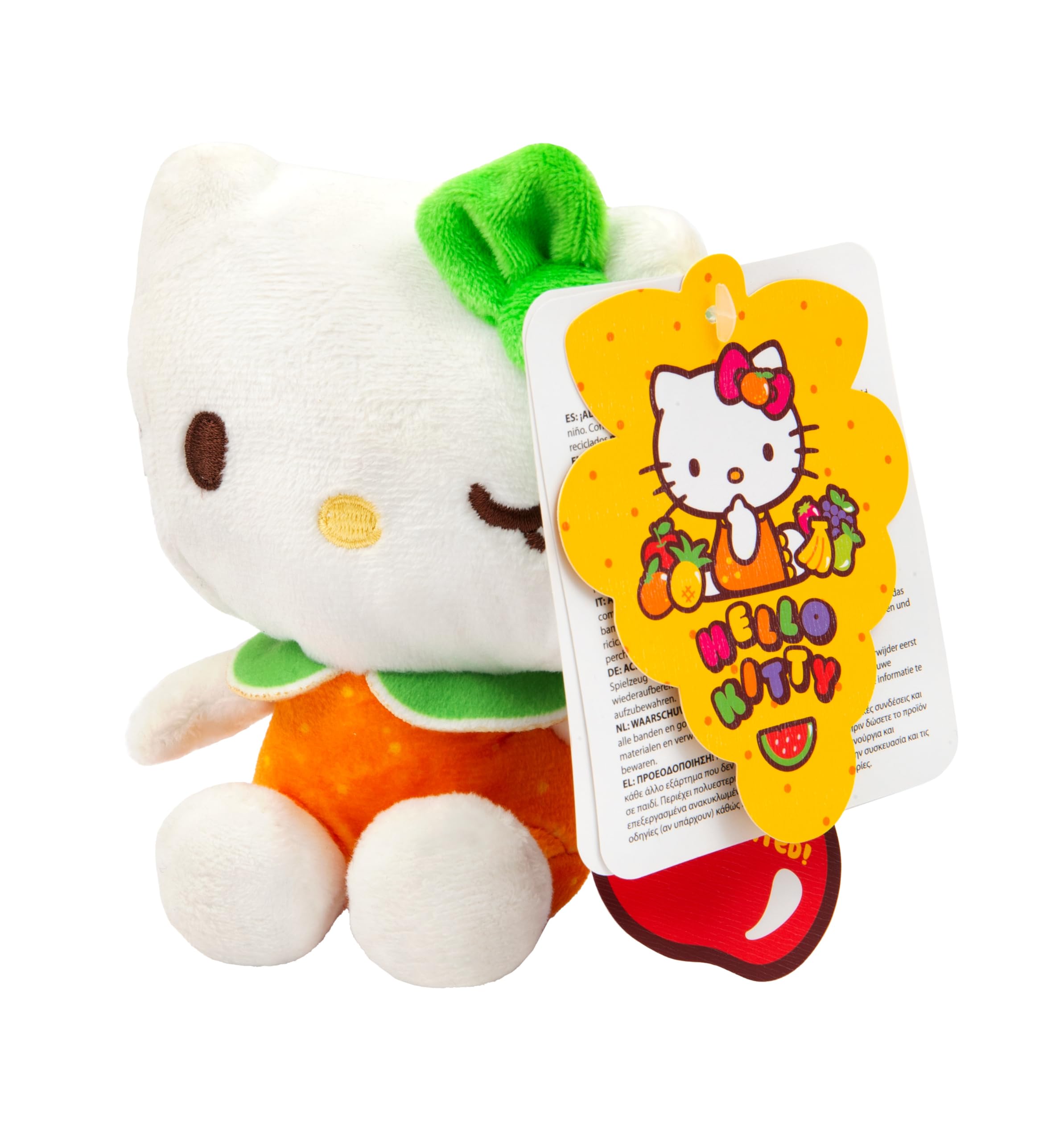 Hello Kitty Macedonia Scented Plush, 12cm Soft Toy in Orange Dress, Fruity Fragrance, Official Licensed Mini Plush, Cute Collectable Gift Fans, Suitable for Ages 4+