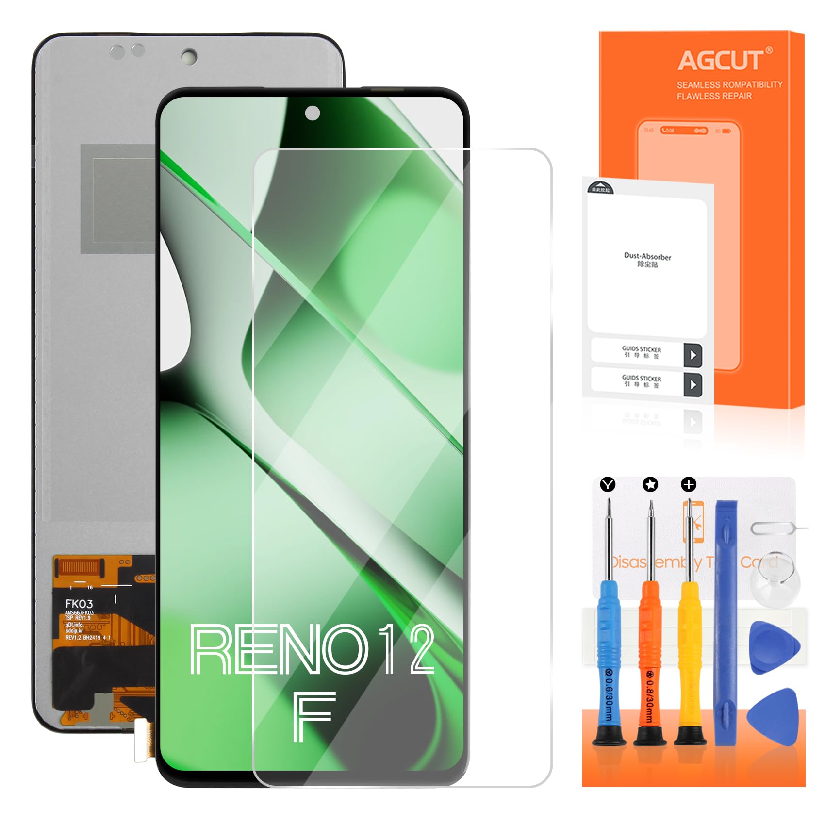 AGCUT - Pantalla LCD para OPPO Reno12 F 4G / 5G LCD para OPPO Reno 12 F CPH2687 CPH2637 6,67" Pantalla táctil digitalizador Asamblea con reparación Kit, (Negro, Sin Huella Dactilar)