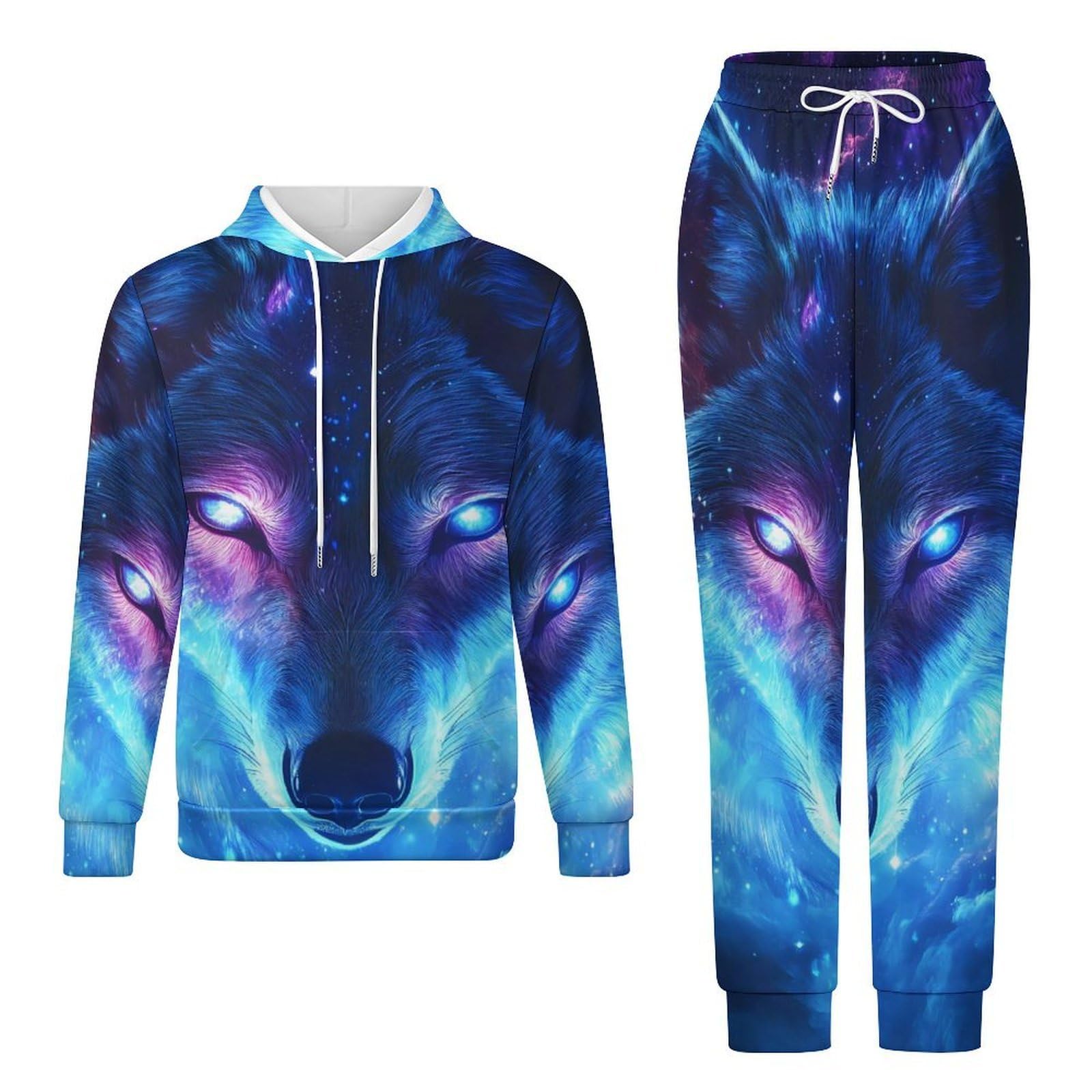 Lupo con gli occhi luminosi tute per gli uomini a maniche lunghe felpa con cappuccio e pantaloni della tuta tuta tuta set di tute alla moda