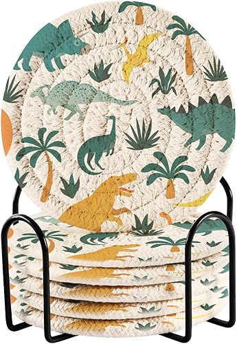 Miniatura 1 de Coasters Absorbent with Holder Set of 6 Coasters for Desk Aesthetic Coasters for Desk Porta Vasos para Mesas Dinosaurs and Tropical Leaves