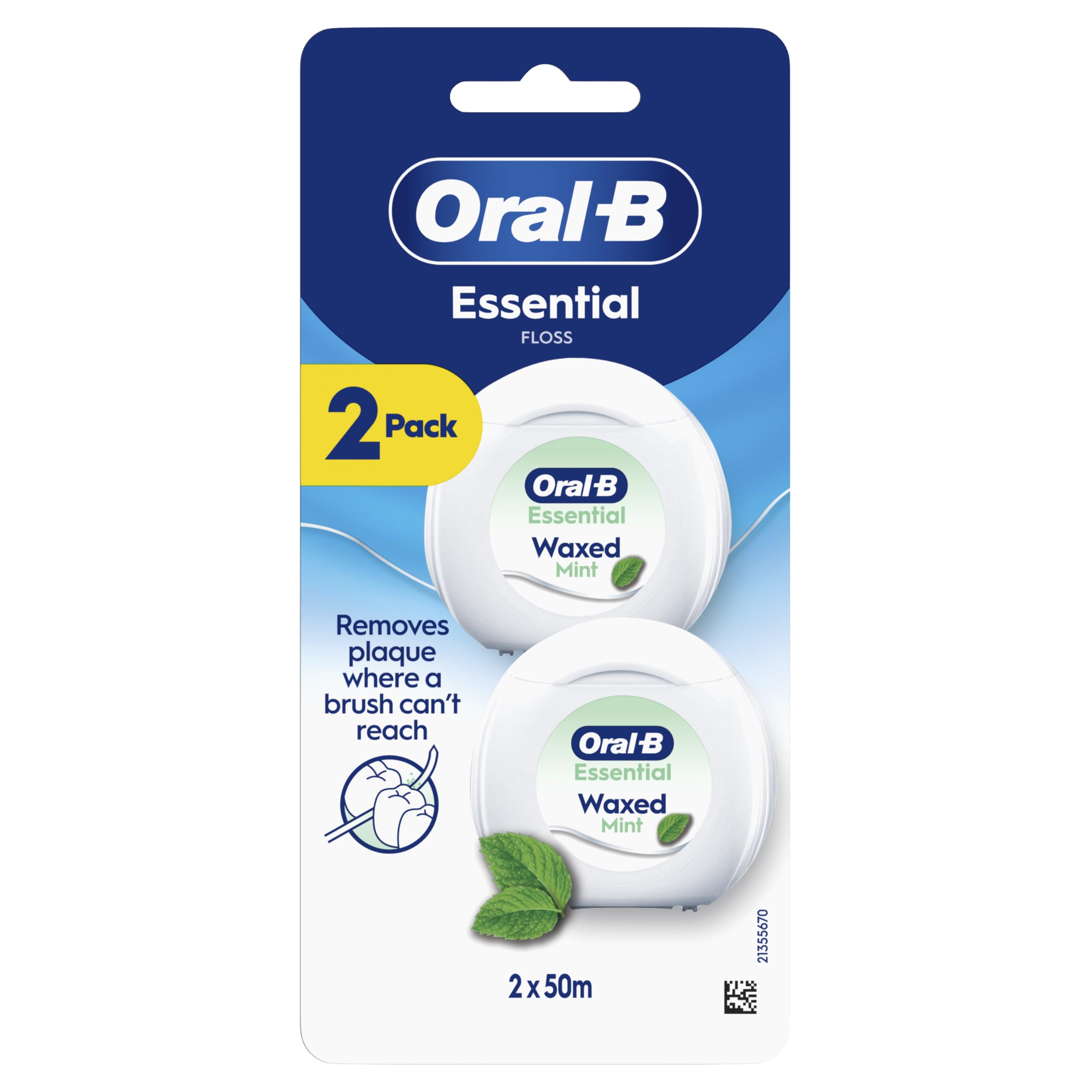 Oral-B Essential Floss - usuwa płytkę nazębną - woskowana nić dentystyczna do ciasnych przestrzeni - odporna na strzępienie - miętowa - rolka 2 x 50 m