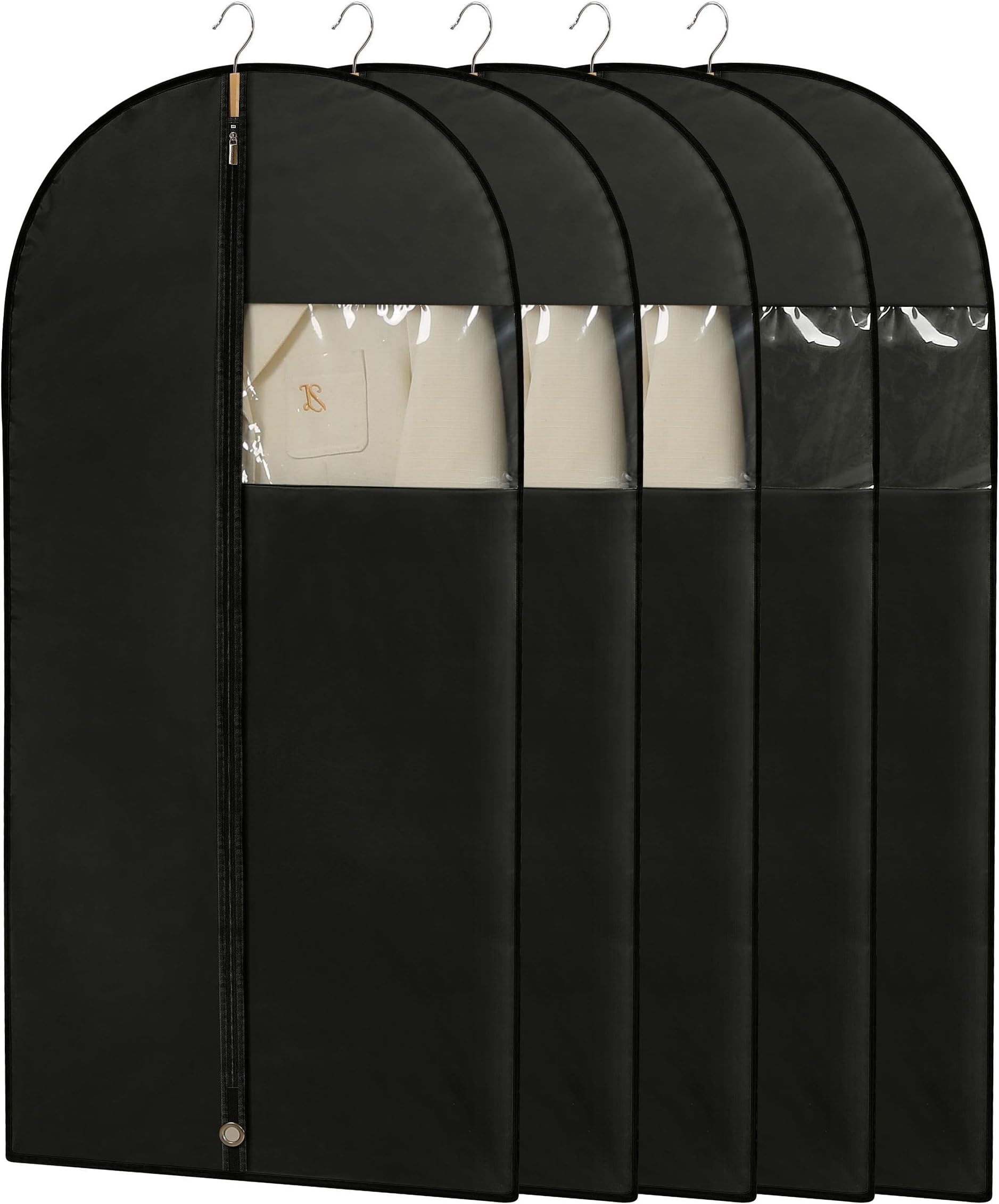Suit Bags for Closet Storage, 43'' Garment Bags for Hanging Clothes, Suit Garment Bag, Black Suit Cover Bags with Clear Window for Coats, Jackets, Shirts（5 Packs）