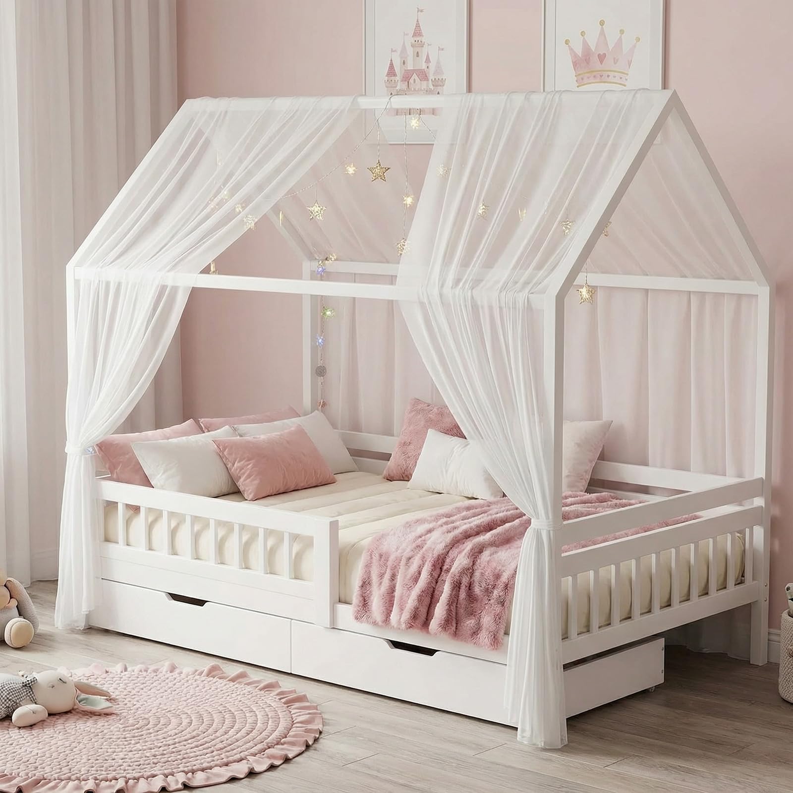 Joyseedi 2 Stück Hausbett Himmel Set, Betthimmel für Hausbett Deko, Bett Vorhang für Mädchen und Jungen im Kinderzimmer, 150 x 350 cm Weiß