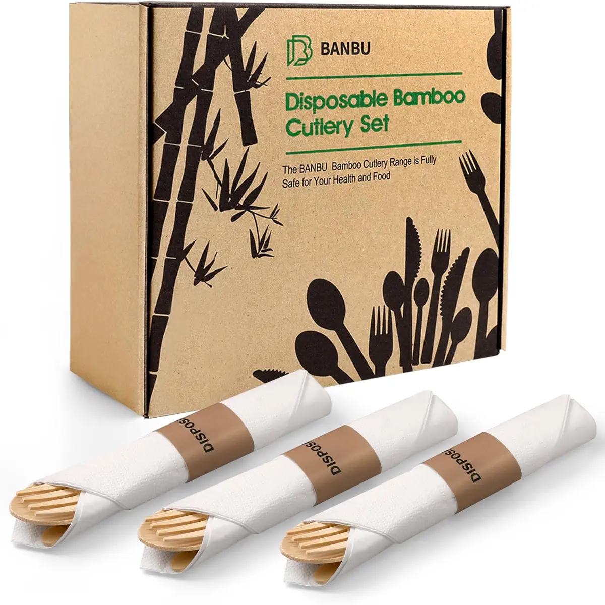 50 Pack Bamboo Utensils with Pre Rolled Napkin- (6.7&#34; 50 Forks 50 Spoons 50 Knives 50 Napkins) Compostable Cutlery Set Forks Spoons Knives Disposable Biodegradable Flatware for Camping/Travel/Wedding
