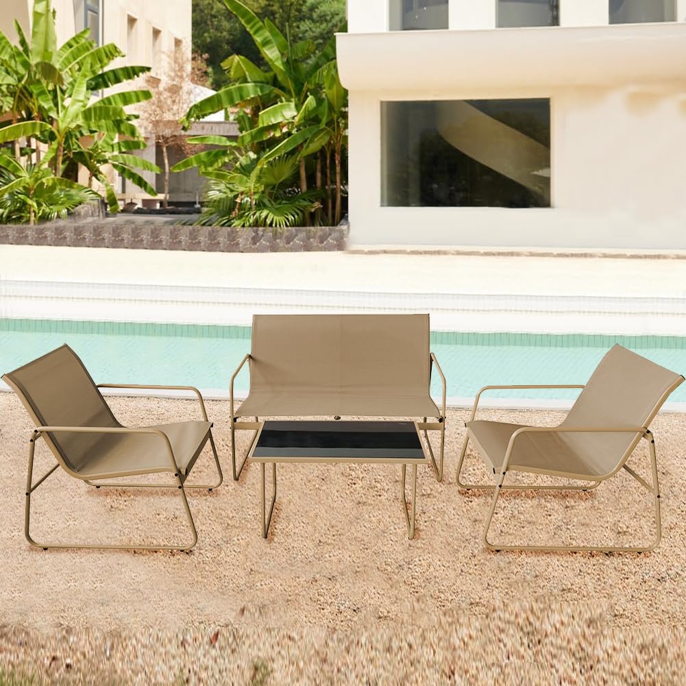 BAKAJI Set Salotto da Giardino con 2 Sedie, Divano e Tavolino con Rivestimento in Tessuto Traspirante, Poltrone da Esterno con Tavolo e Divanetto, Ideale Patio, Balcone, Bistrot, Ristorante (Beige)