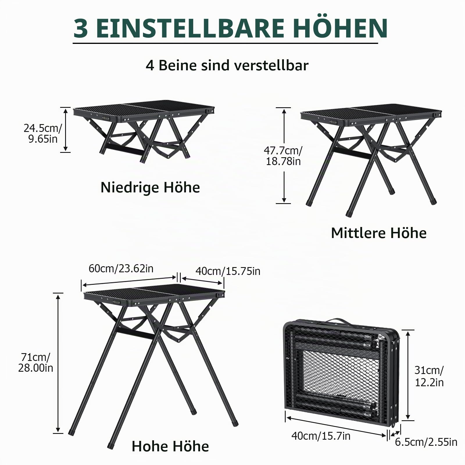 JiGiU Grilltisch 60x40cm Metallgitterplatte mit 3 Höhen & Aluminium Rahmen | Klapptisch Schwarz mit 24.5cm/47.7cm/71cm Höhenverstellbar, X-Struktur bis 80KG Tragfähigkeit für Campingtisch Garten Küche