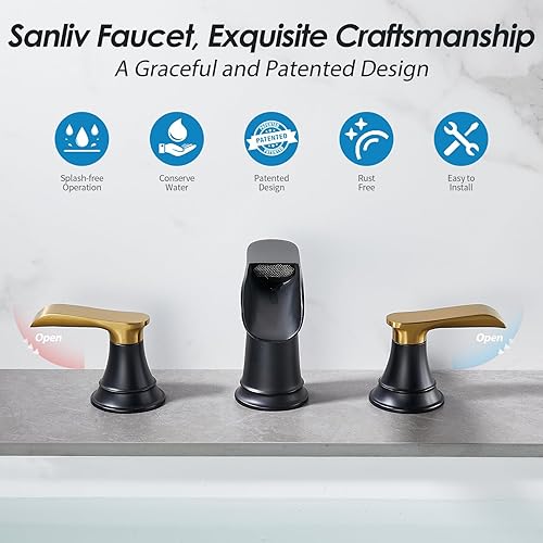 Miniatura 4 de Grifo de baño generalizado negro y dorado de 3 agujeros, cascada Sanliv, grifo de tocador de 2 manijas y 3 azadas con montaje de drenaje