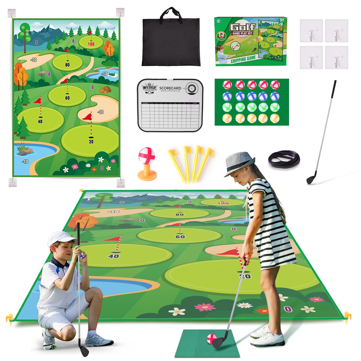Premium Chipping Golf & Dart Practice Mat Set - Indoor/Outdoor Game Kit for Family Fun - Includes Golf Club, Sticky Balls, Club Tee, Scoreboard, and Accessories