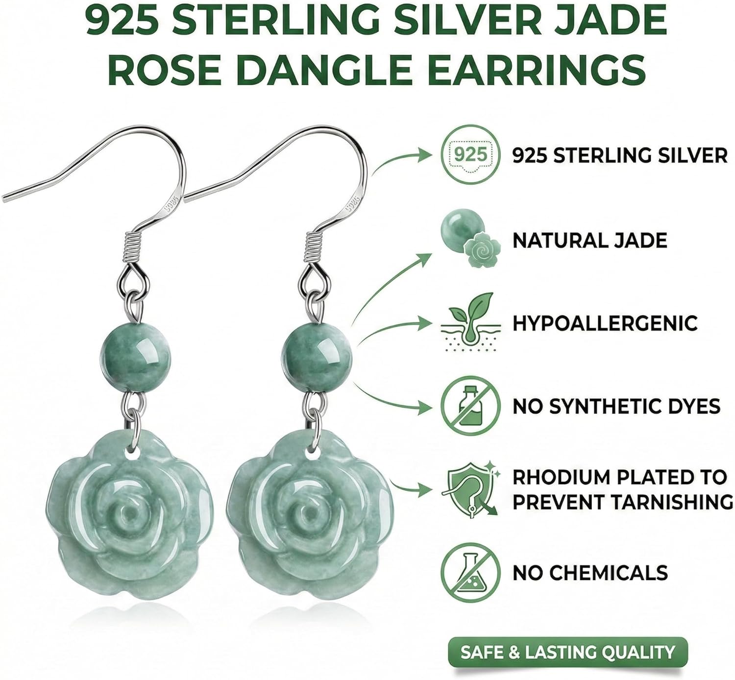 925 Sterling Silver Filipino Sun Flower Rose Dangle Earrings, Natural Grade A Jadeite Drop Earrings, Philippines Heritage Jewelry for Women with Gift Box