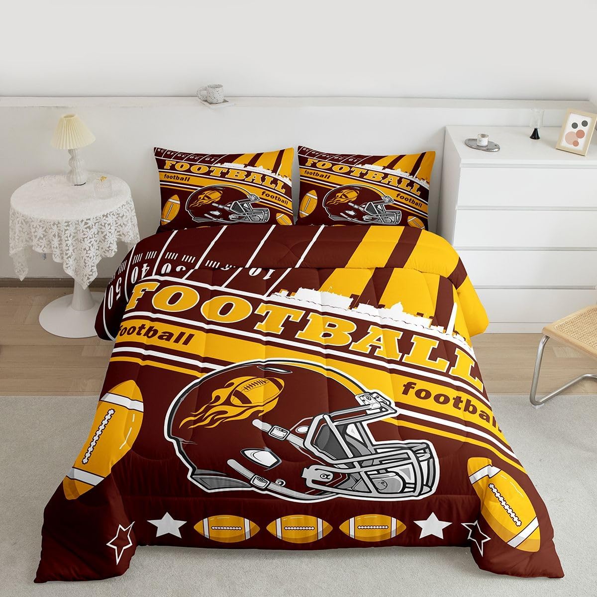 Feelyou Football Bedding Set Boys Girls Queen Size Rugby Sports Comforter Set Football City Duvet Women Men Gray Brown Yellow Decor - Image 2