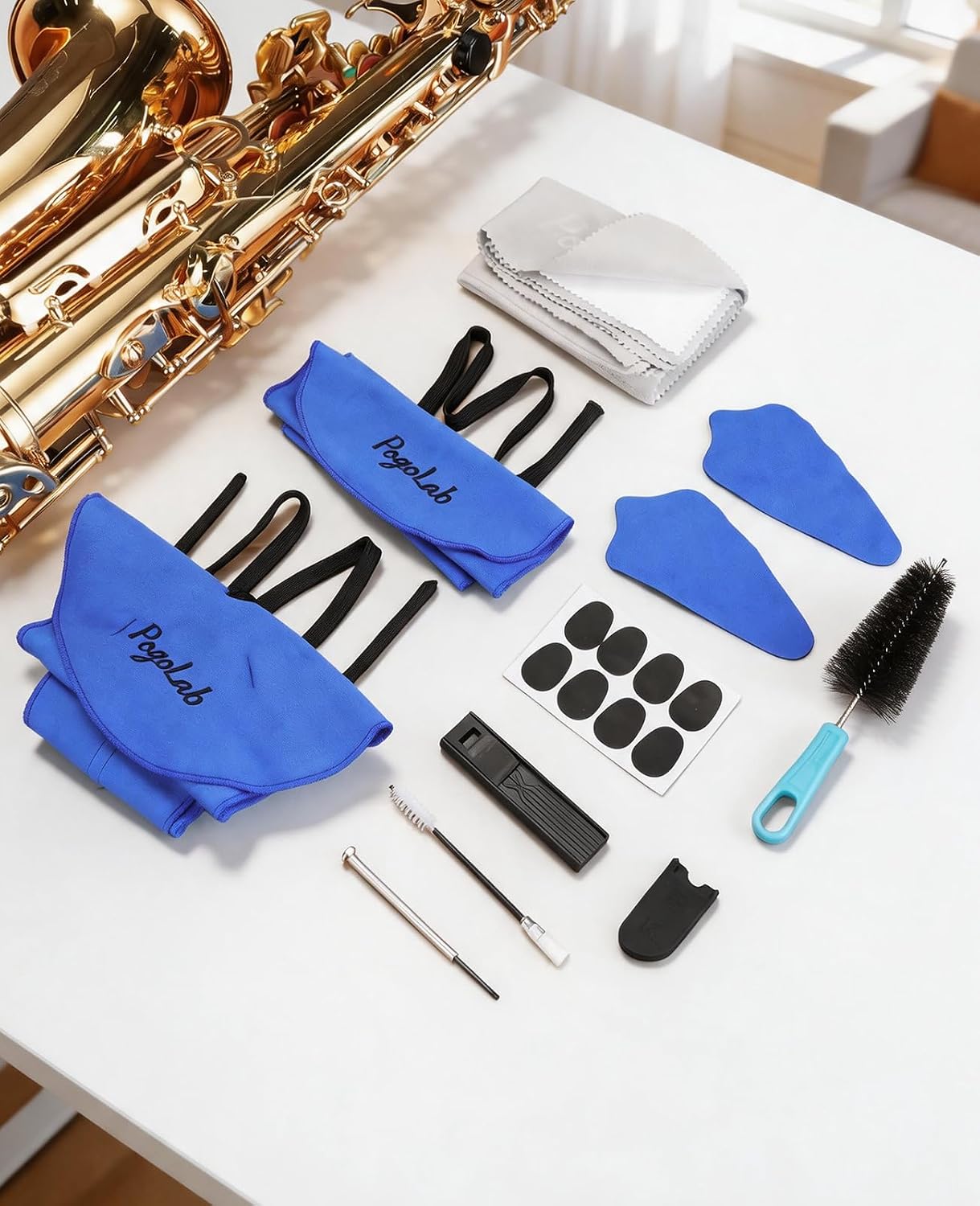 POGOLAB Alto Saxophone Cleaning Kit, 10-in-1 Instrument Care Set with Sax Swab, Microfiber Cloth, Brush, Mouthpiece Pad, Screwdriver, Thumb Rest & Reed Box, Daily Maintenance for Alto Sax/Clarinet