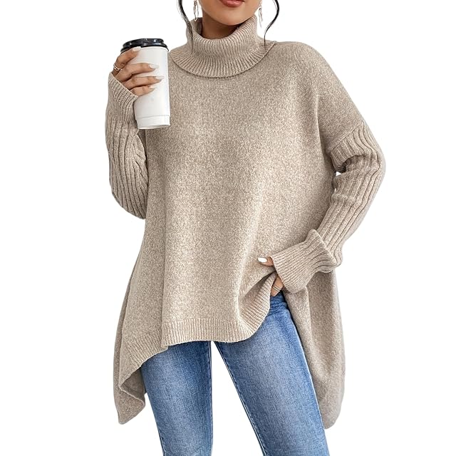 Womens Fashion Solid Color Turtleneck Sweater Women Solid Color High Neck Asymmetric Hem Casual Long Sleeve Sweater