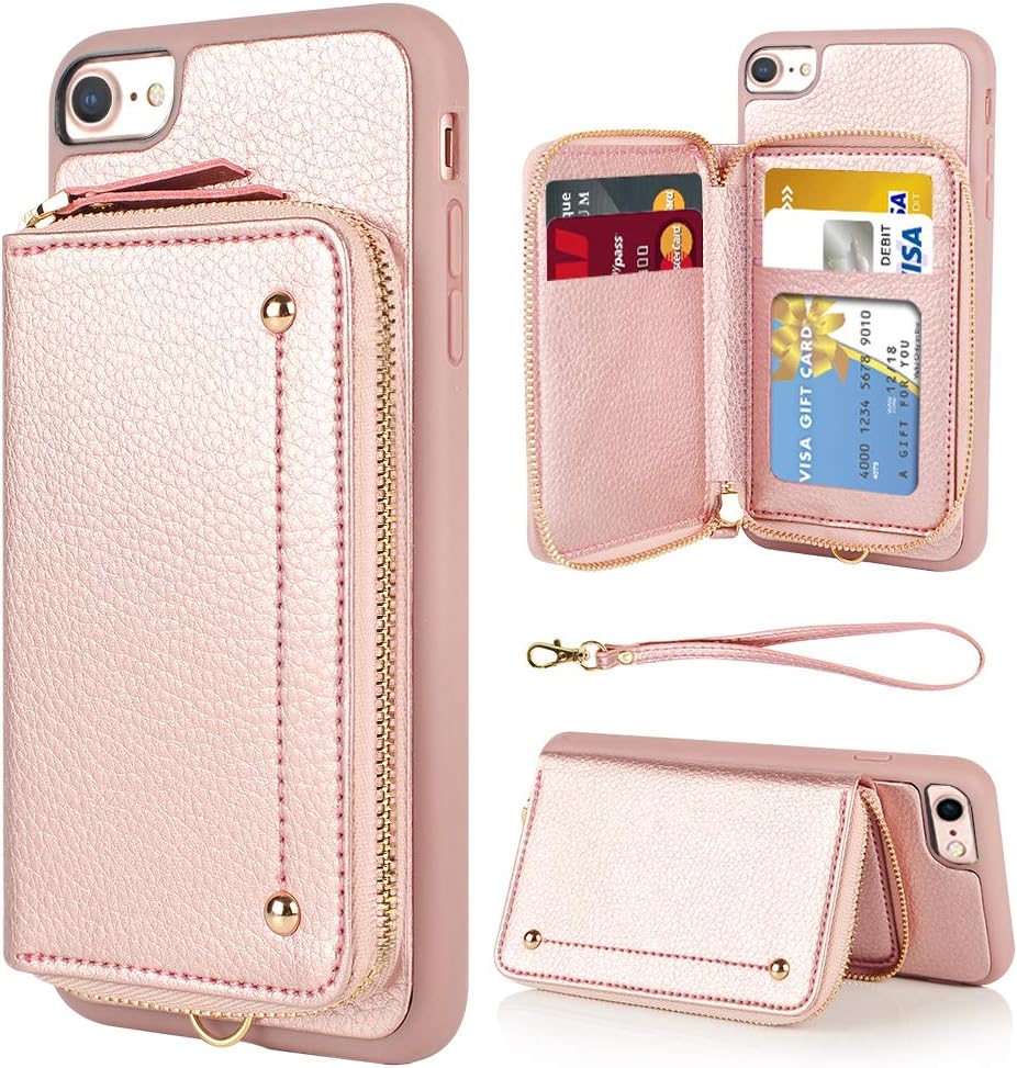 LAMEEKU iPhone se 2020 Case, iPhone 8/7 Wallet Case, iPhone 7 Case with Card Holder, Zipper Leather Case with Card Slot Strap, Protective Cover for iPhone SE(2nd)/7/8 4.7''-Rose Gold