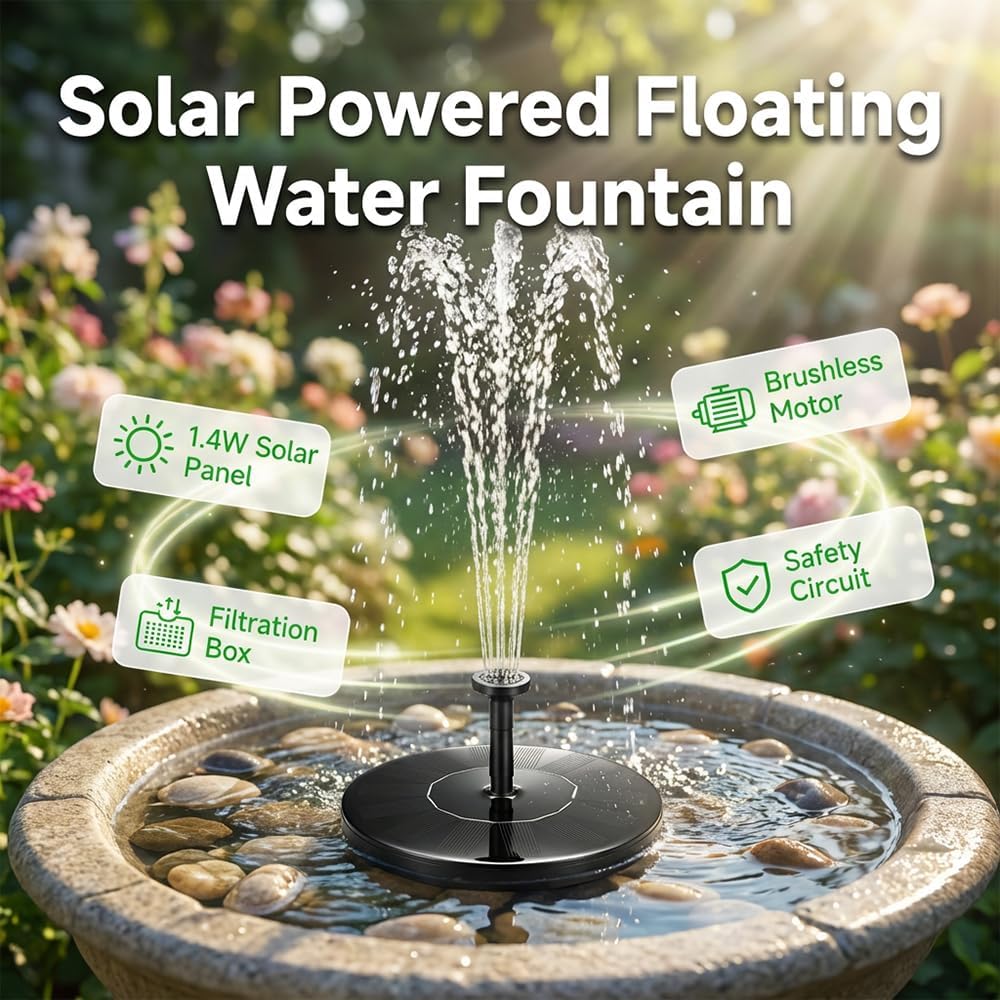 Floating Solar Fountain for Bird Bath, Solar Powered Water Fountain Pump Outdoor Bird Bath Fountain Backyard Decor, Garden, Pond, Pool (Black 6.3")