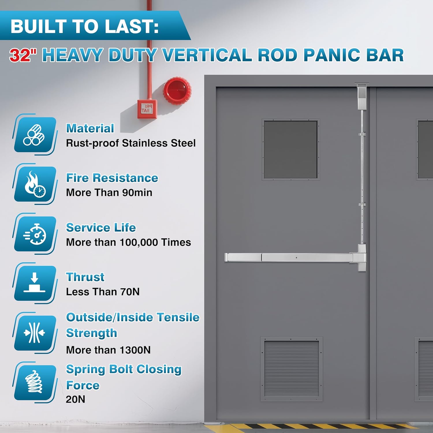 IRONWALLS Surface Vertical Rod Exit Device, 32in Commercial Door Push Bar Panic Device with Single Point Top Latching, Stainless Steel Emergency Exit Panic Bar for 32"-48" (W), 6.7ft-8.1ft (H) Doors