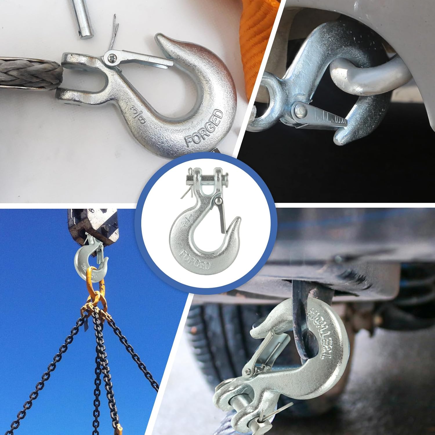 8Pcs 1/4 Inch Safety Chain Hooks, Clevis Slip Hook with Safety Latch, Trailer Safety Chain Hooks, G70 Forged Steel for Trailer Truck Transport Tow Winch Hook Trailer (12,600 Lbs)