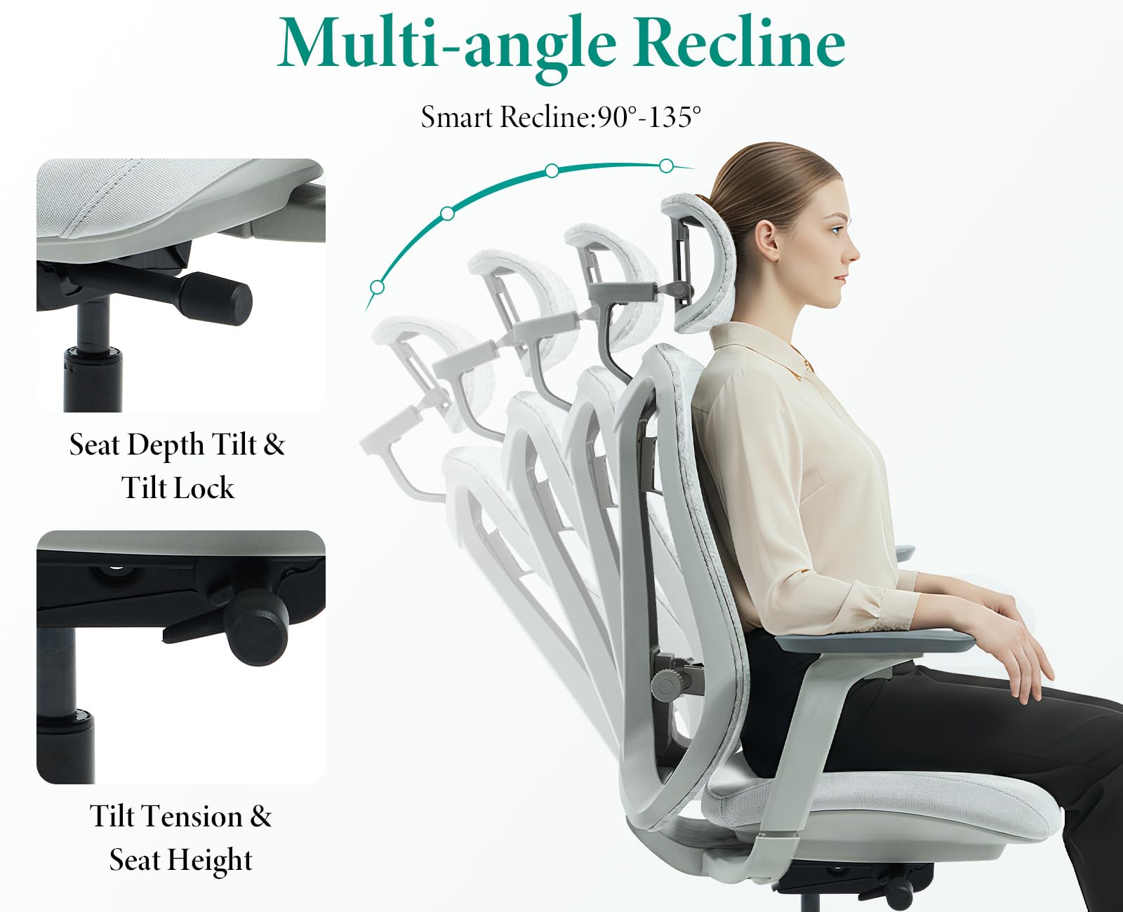 Ergonomiczne krzesło biurowe z regulowanym zagłówkiem, podparcie lędźwiowe, podnoszony podłokietnik, obrotowe krzesło komputerowe do domu, nauki, pracy (szary)