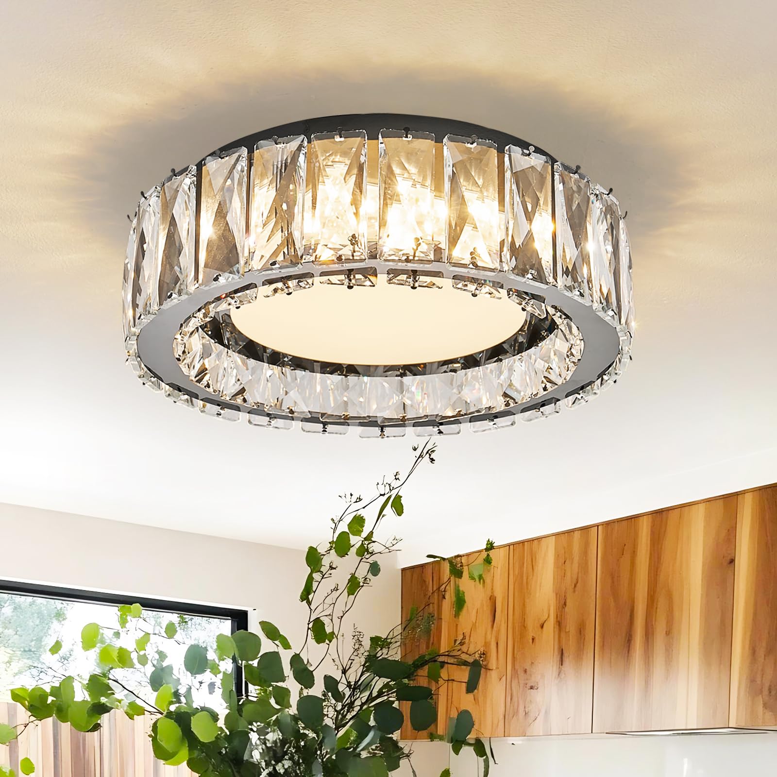 Photo 1 of Crystal Dimmable Flush Mount Ceiling Light, Black Modern LED Close to Ceiling Light Fixture with 5CCT 2700K-6000K, Round Kitchen Lighting for Bedroom, Laundry Room, Hallway, Bathroom (11in 24W)