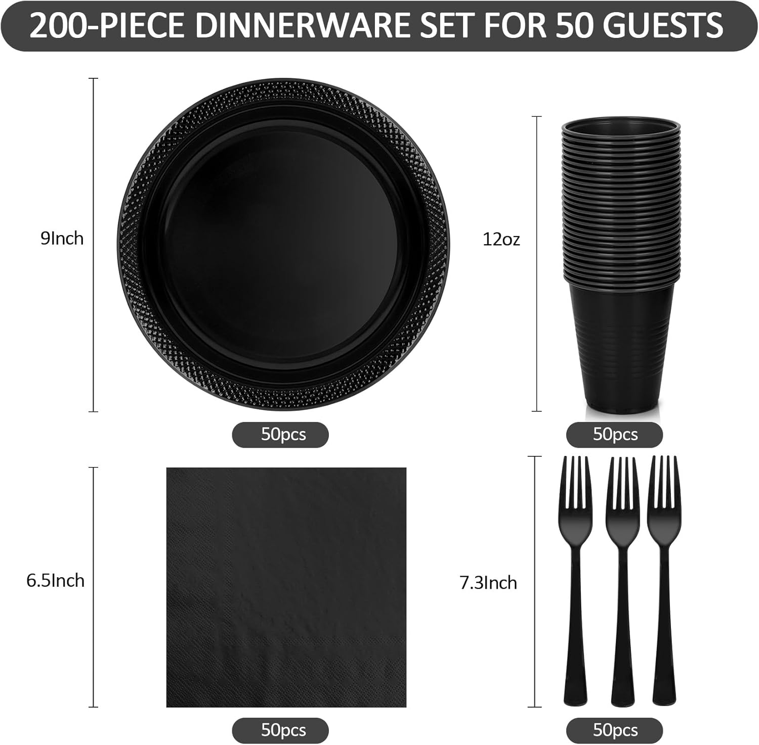 200pcs Black Plastic Party Plates Set, Disposable Black Plates and Napkins for Party, 50 Of Each 9" Dinner Plate, Napkins, Cups & Cutlery Plastic Dinnerware for Retirement, Graduation, Birthday, BBQ